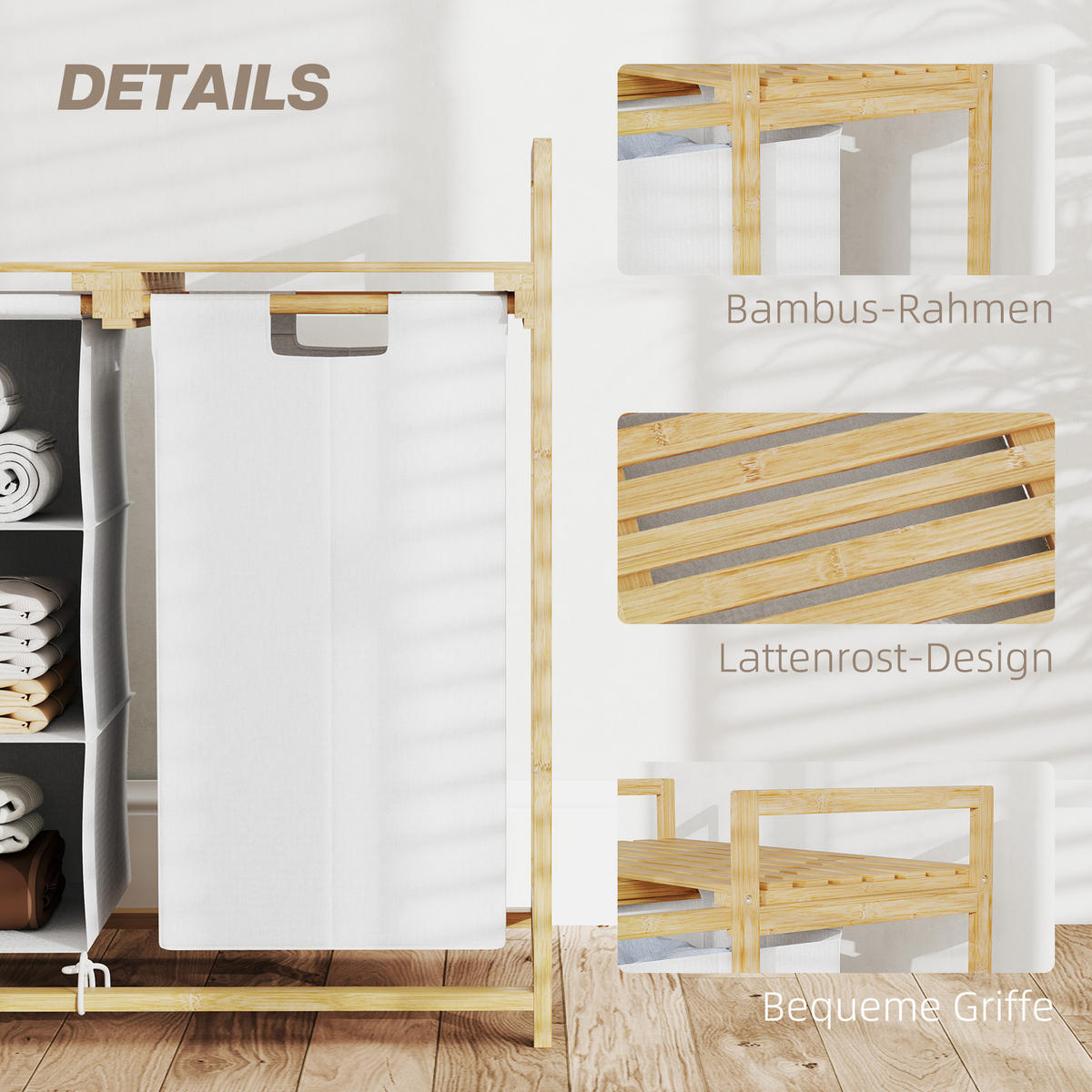WÄSCHEKORB 4 Fächer Wäschesammler, 70 x 36 x 70 cm Bambus Weiß - Weiß, Naturmaterialien (70/70/36cm) - HOMCOM