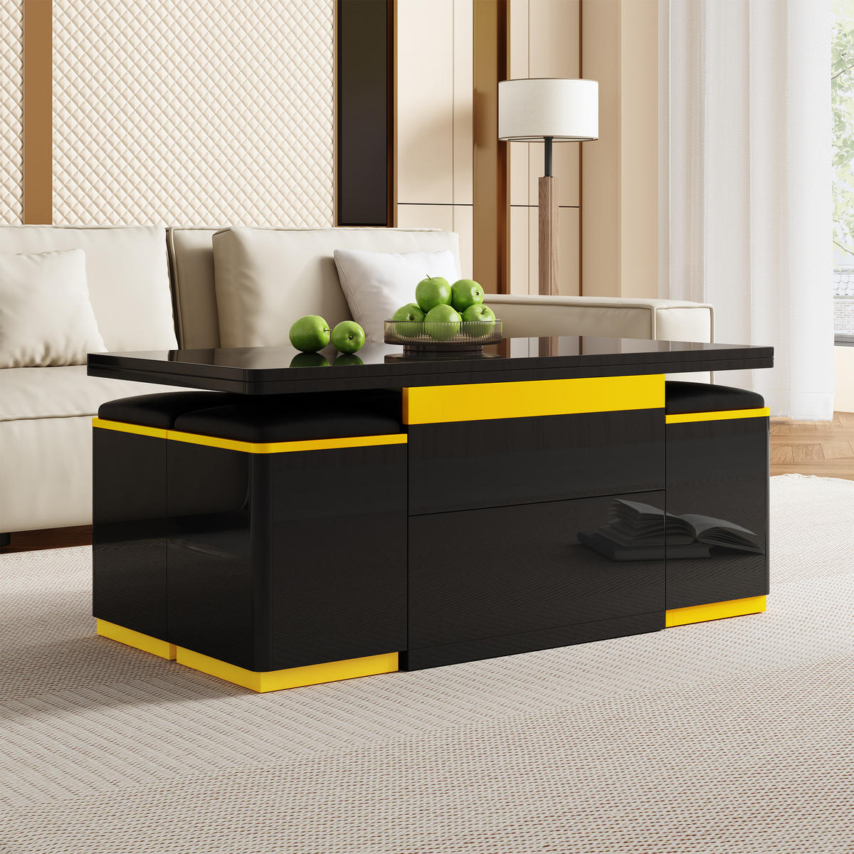 COUCHTISCH Schwarz/Gelb 100/50/43 cm mit 4 Hockern und Stauraum - Schwarz, Holzwerkstoff (50/100/43cm) - PANGIVO
