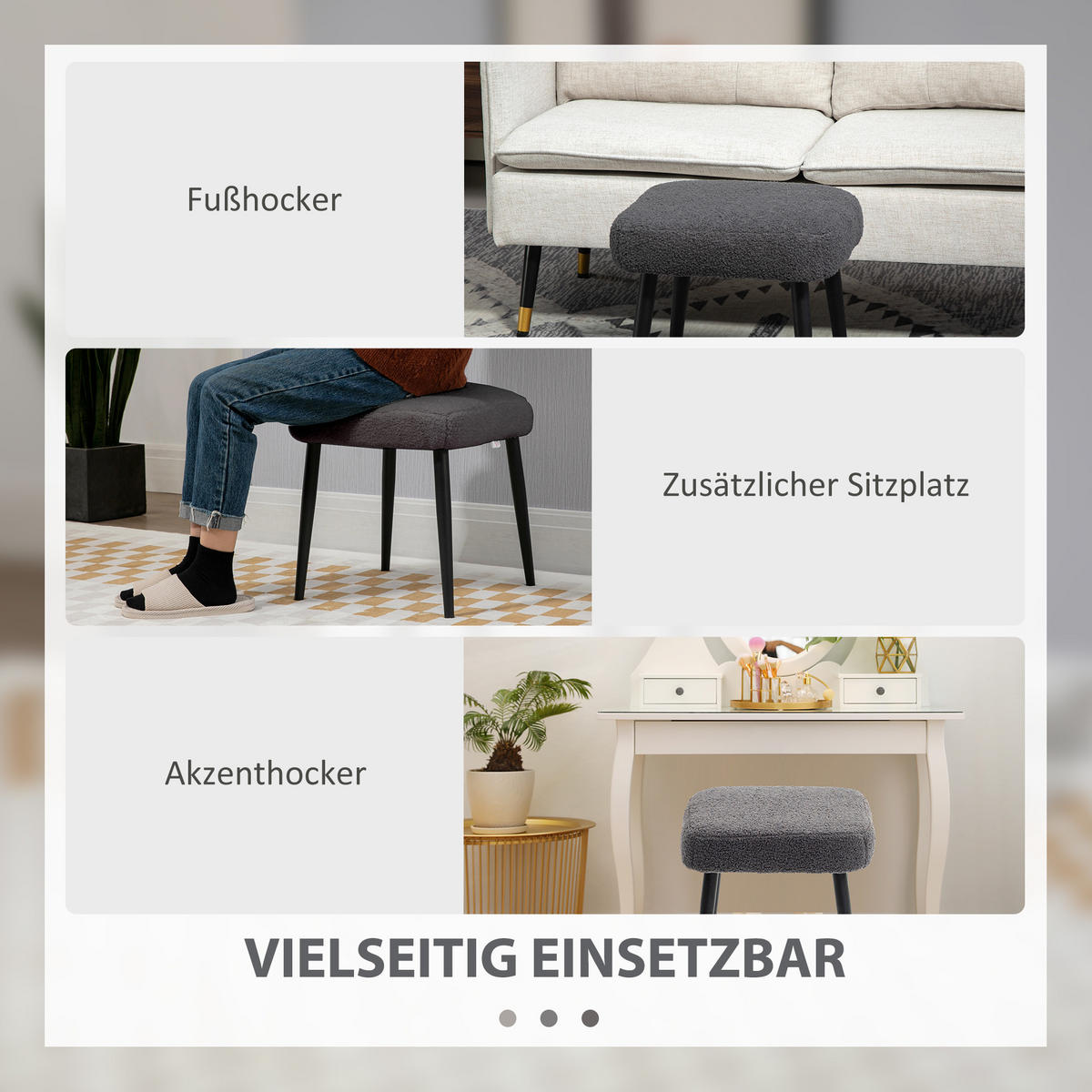 FUSSHOCKER Sitzhocker Quadratischer Schminkhocker mit Kaschmir-Optik, Stahlbeine - Dunkelgrau, Kunststoff (42/44/42cm) - HOMCOM