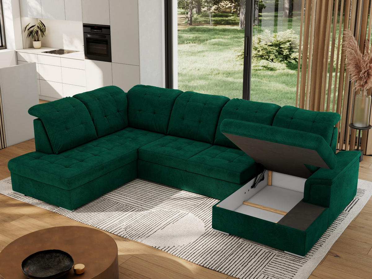 WOHNLANDSCHAFT MADRITO U - DunkelGrün Velorus - Links - Dunkelgrün/Silberfarben, Textil/Metall (204/89/323cm) - MKS