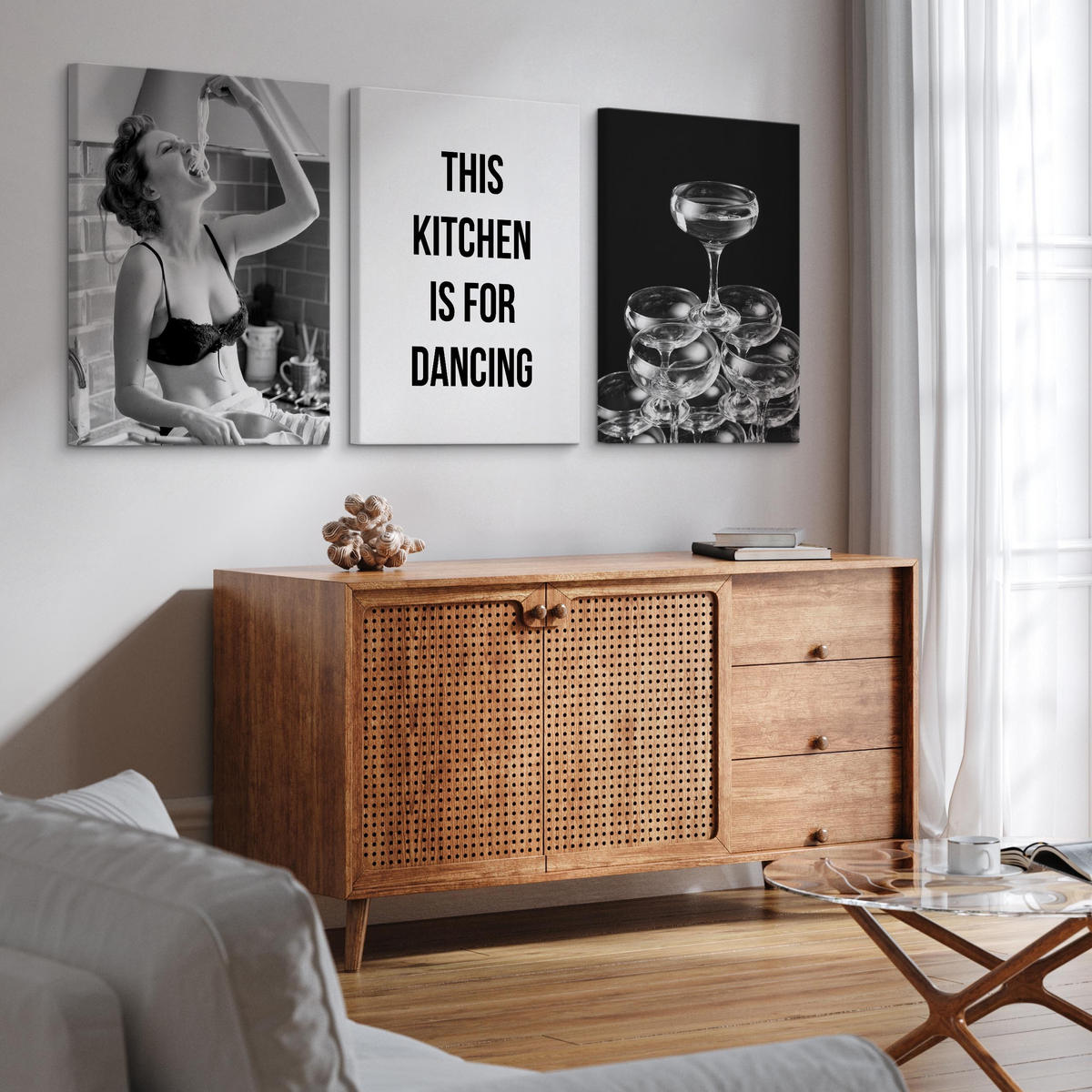 LEINWANDBILDER 3-er Set Frau Drinks 3D - Schwarz/Weiß, Textil (90/40cm) - Muralo