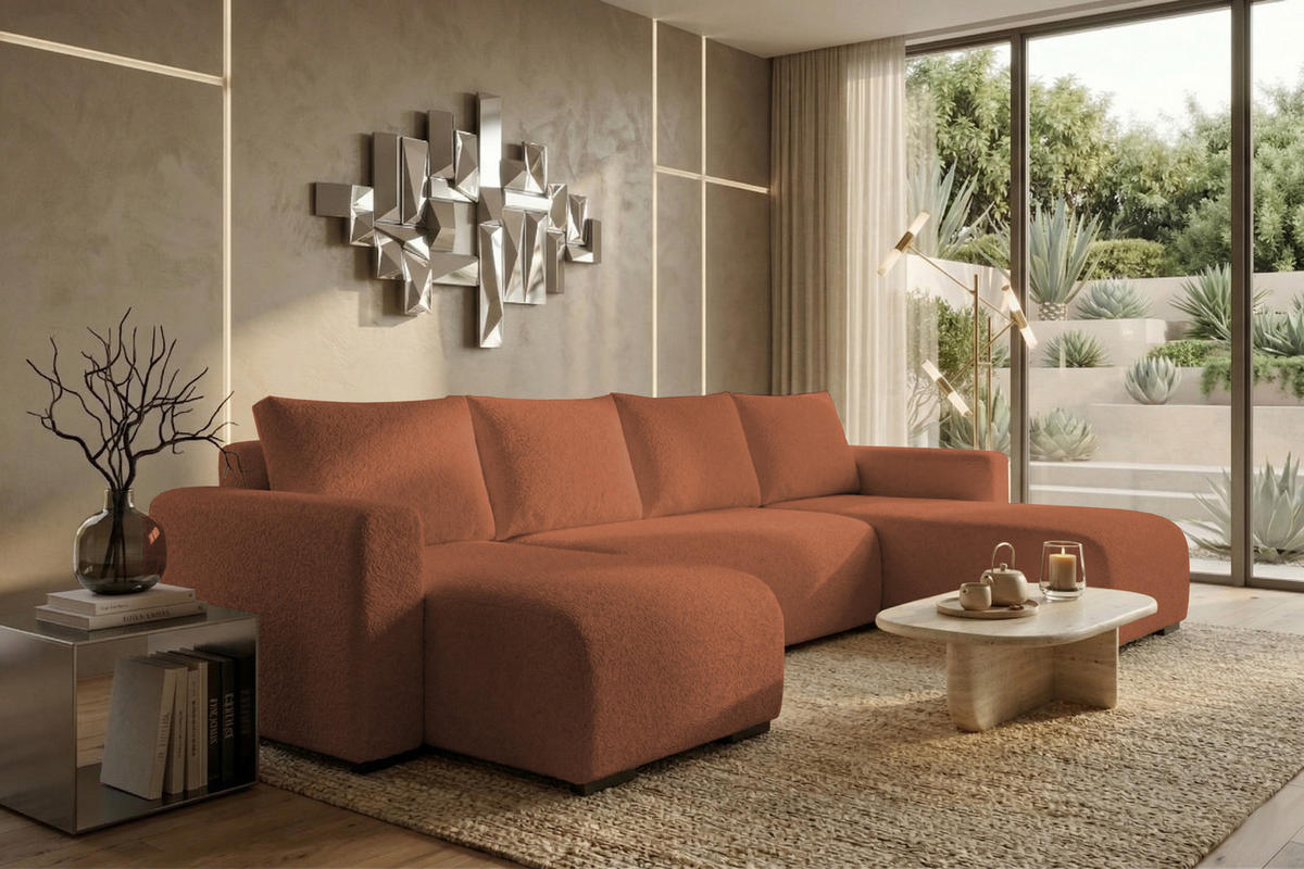 WOHNLANDSCHAFT DORA U mit Bettkasten und Schlaffunktion, U-Form, bequem - Orange, Textil (305/85/140cm) - Storez24