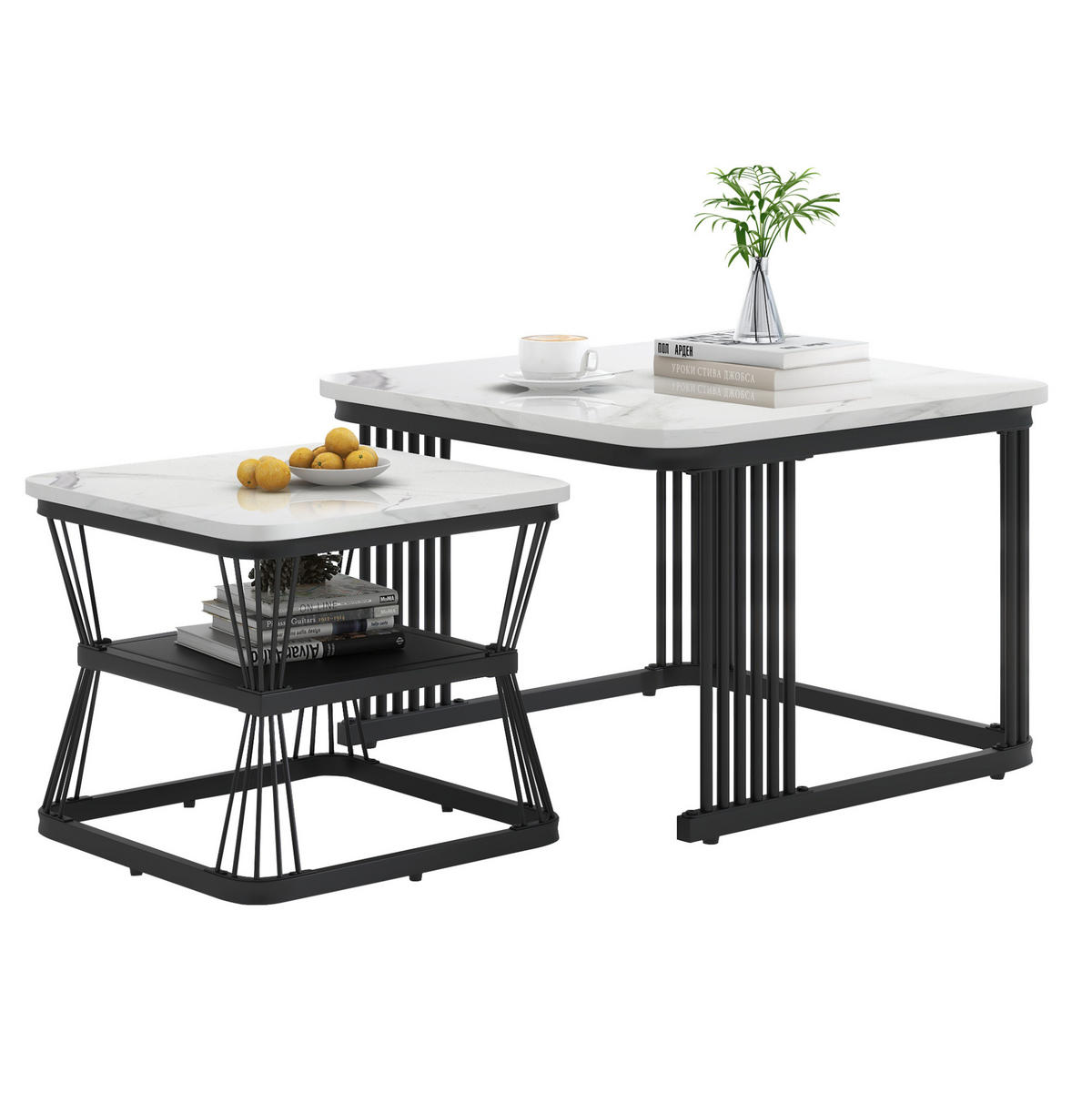 KOMPLET pomožnih mizic, 65/65/45 in 45/45/39,5 cm, MDF bela z marmornim videzom - bela, leseni material (65/65/45cm) - BEAOK