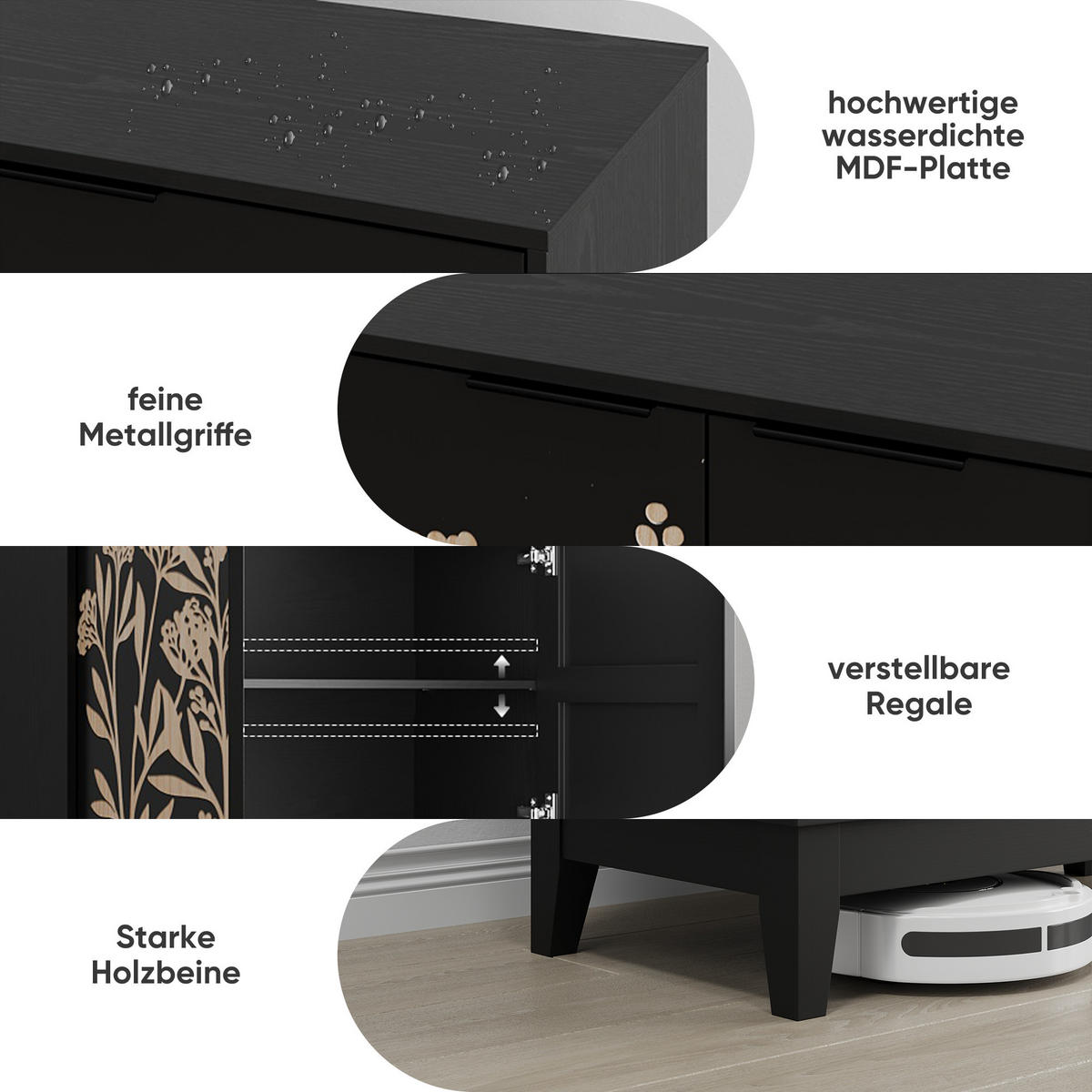 SIDEBOARD 80 cm in Schwarz mit 2 Türen & floralem Schnitzdekor - Schwarz, Holzwerkstoff (80/76/38cm) - BEAOK