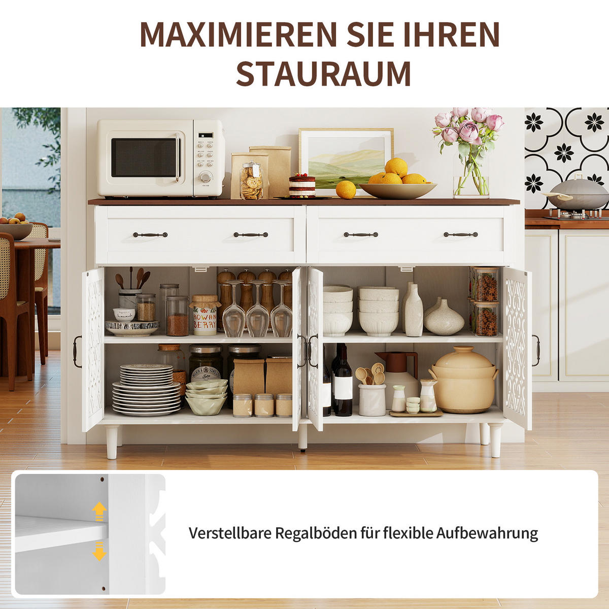 SIDEBOARD aus Spanplatte und Massivholz 150x40x93 cm Weiß mit 4 Türen, 2 Schubladen, verstellbaren Einlegeböden und Vintage-Front - Weiß, Holzwerkstoff (150/90.3/40cm) - Modfu