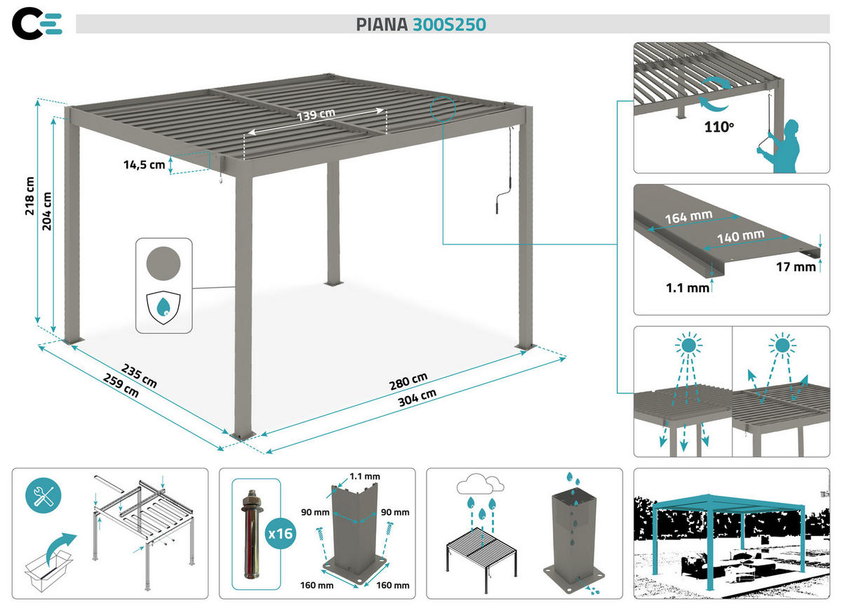 PERGOLA bioklimatisch freistehend Piana taupe 3x2,5m Aluminium - Taupe, Metall (304/218/255cm) - Cazeboo