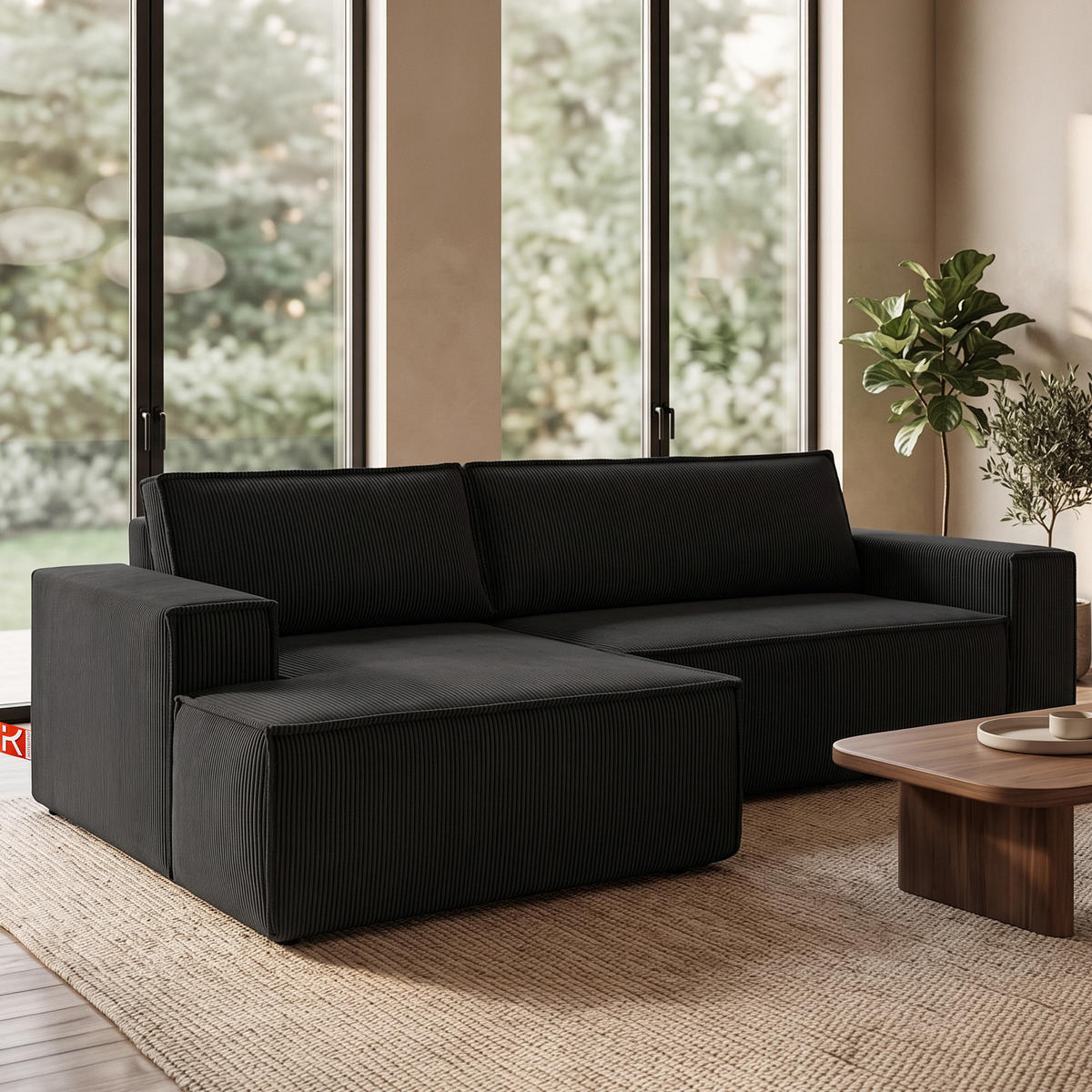 ECKSCHLAFSOFA-LINKS NAPI in Pet Friendly Cord-Stoff, schwarz - Schwarz, Textil (262/148cm) - KONSIMO®