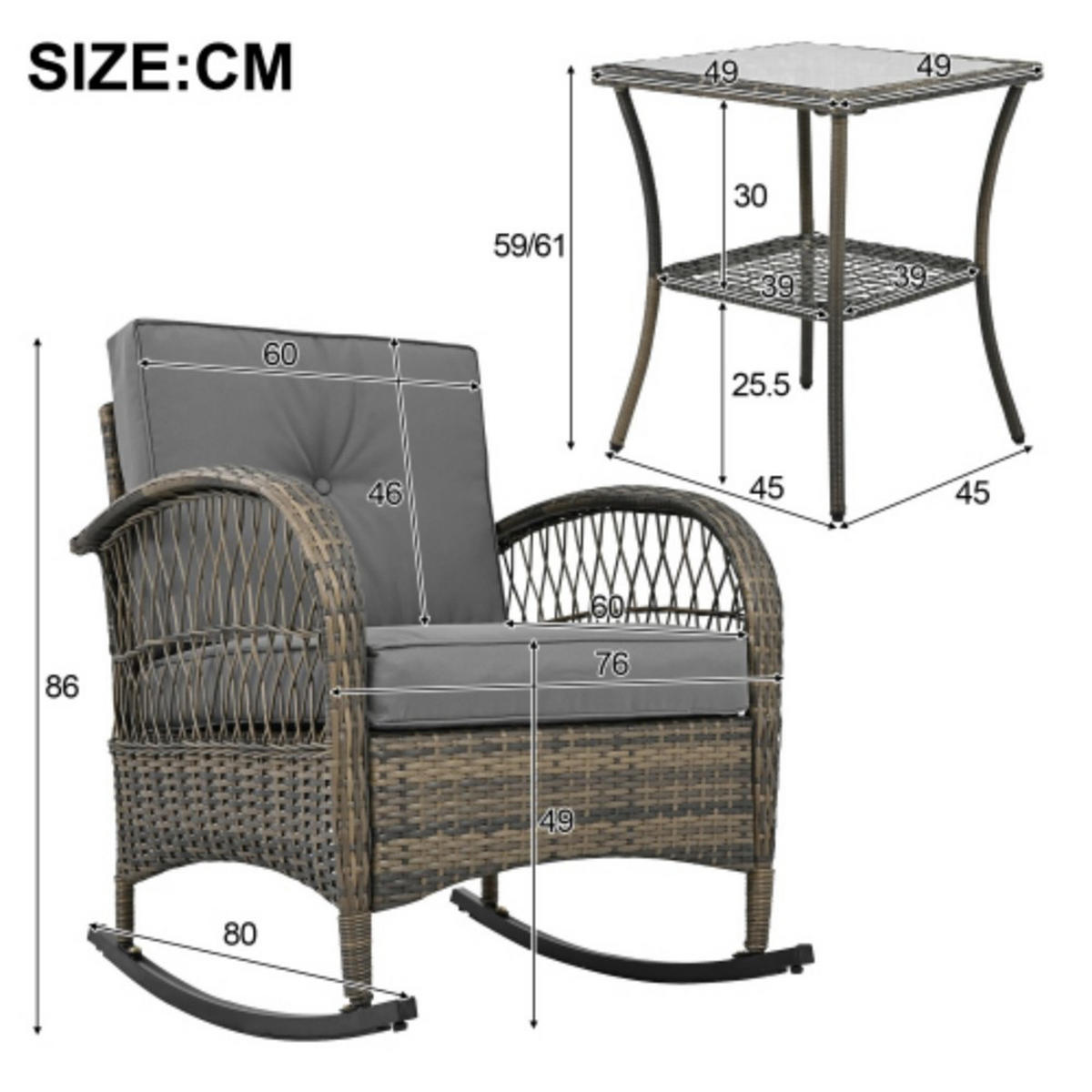 BALKONSET 3-tlg,BISTRO SET,PE-Rattan Schaukelstuhl,für 2 Personen,Grau - Grau, Metall - LVHOM