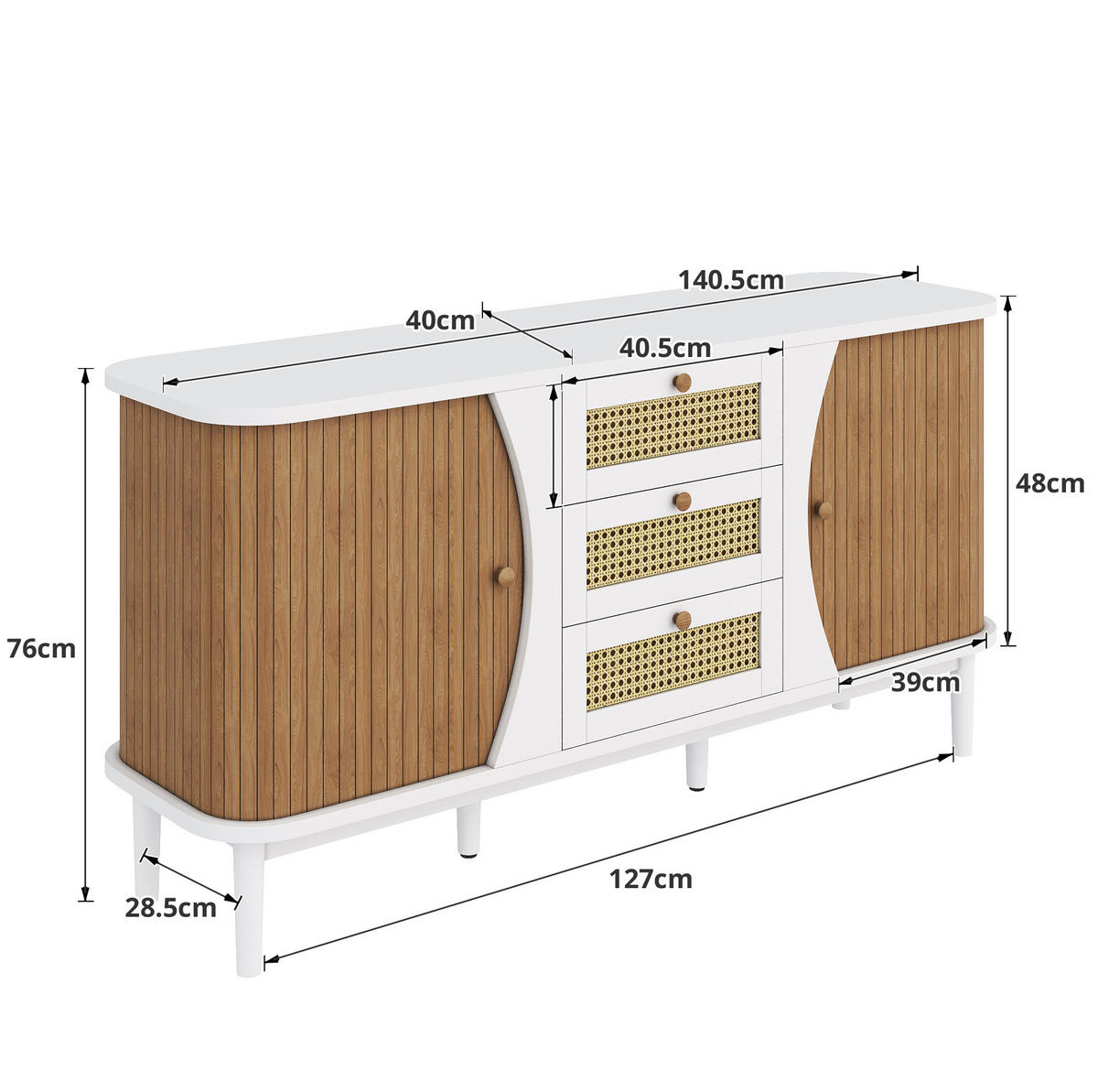 KOMMODE aus MDF & Spanplatte 140,5x40x76cm in Weiß - Weiß, Holzwerkstoff (140.5/76/40cm) - Modfu