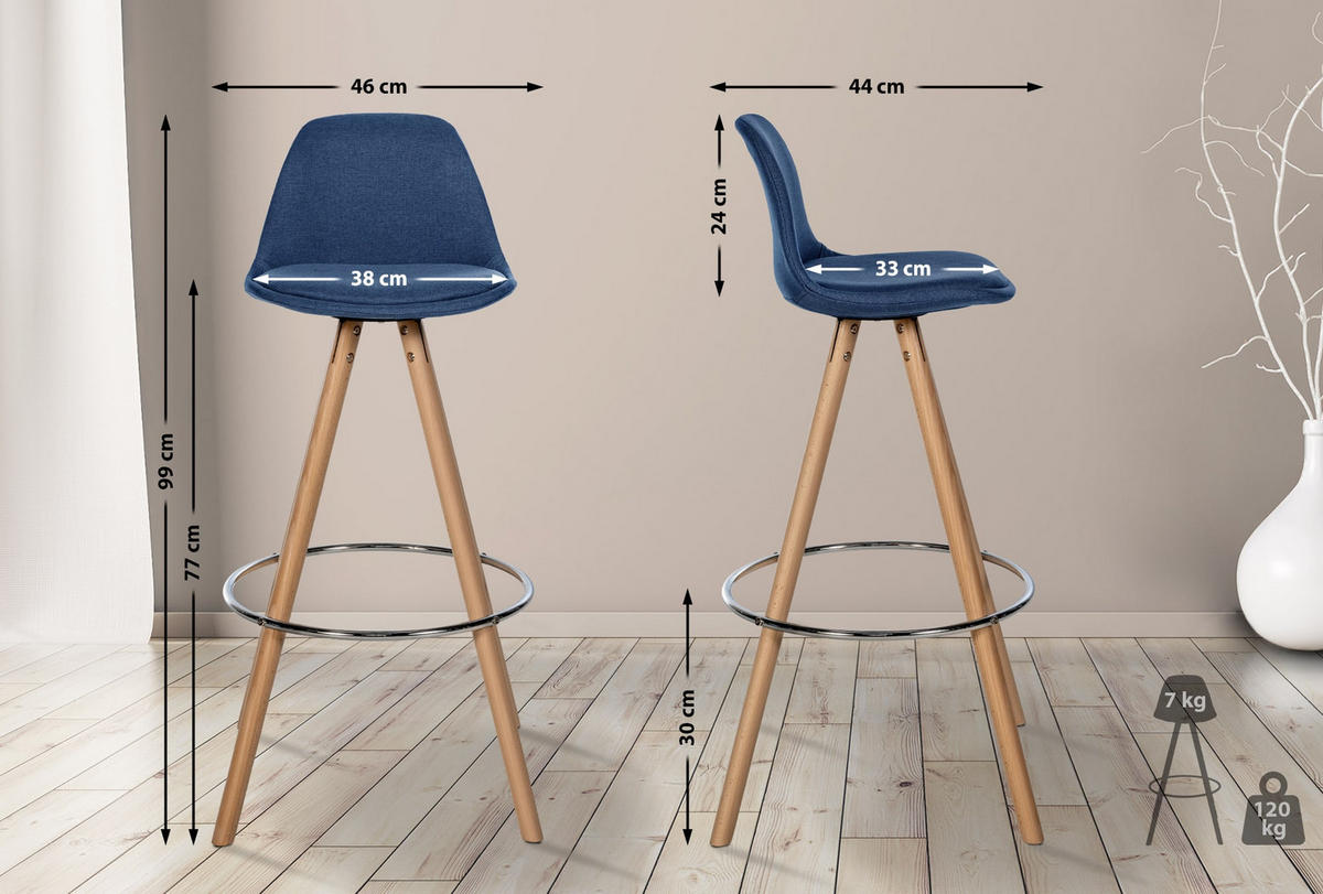 BARHOCKER PALMA Blau Stoff Braun - Blau, Holz/Textil (38/99/44cm) - DELUKE