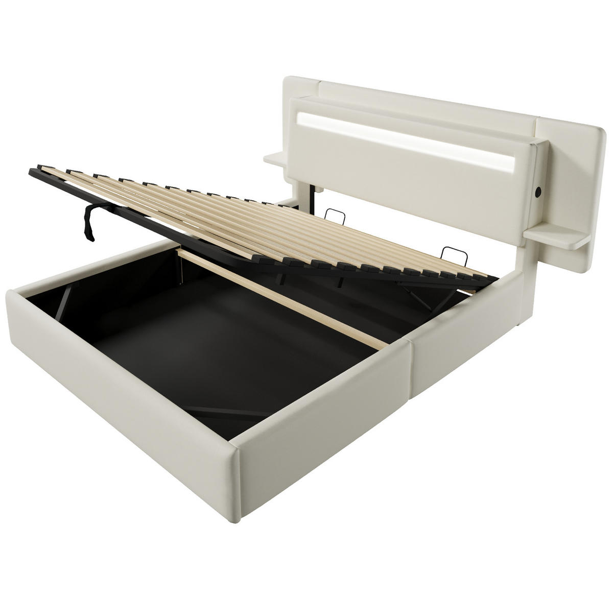 POLSTERBETT aus MDF und Leinen 140x200 cm Beige mit Bettkasten, LED-Beleuchtung, Nachttisch und USB-Anschluss - Beige, Textil (140/200cm) - Modfu