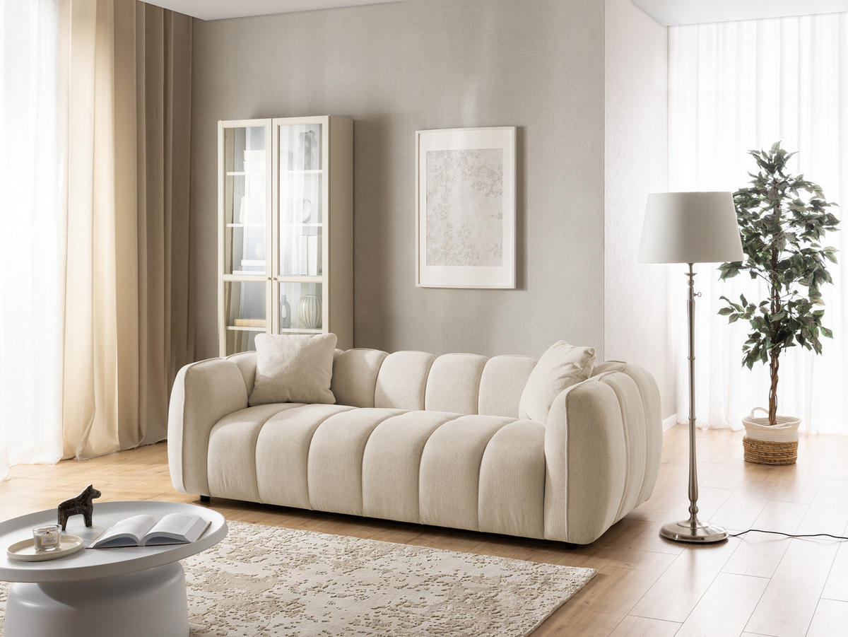 3-SITZER SOFA Nubira in tief gesteppter Bubble-Optik aus weichem Hellbeige Strukturstoff im modernen Design - Beige/Schwarz, Holz/Kunststoff (228/69/89cm) - S-Style Möbel