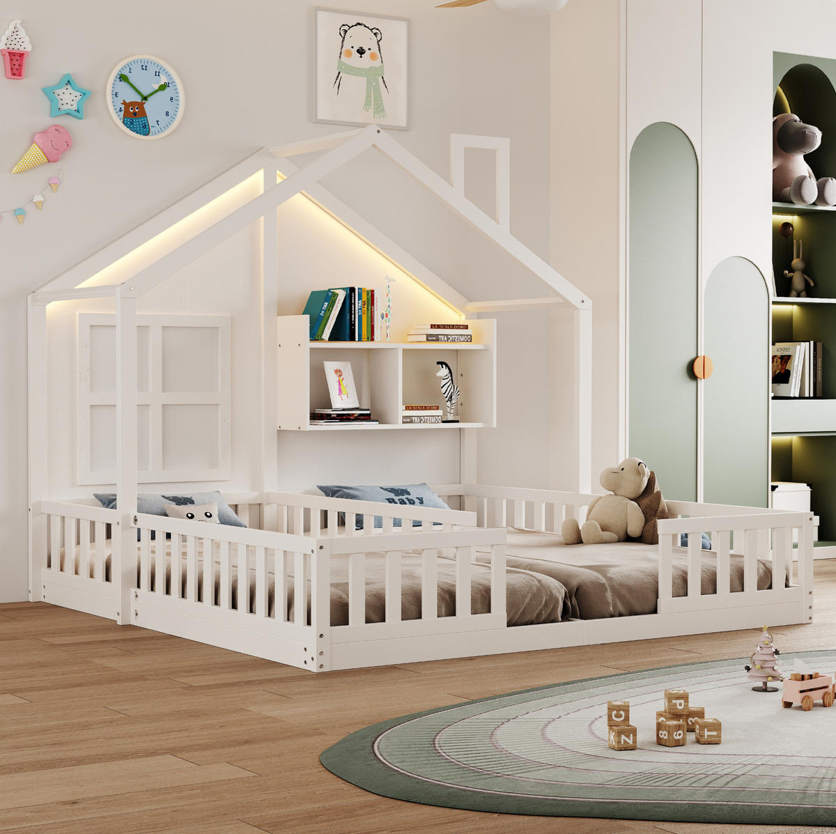 HAUSBETT 90/200 cm weiß aus Massivholz mit LED und Stauraum - Weiß, Holz (90/200cm) - OKWISH