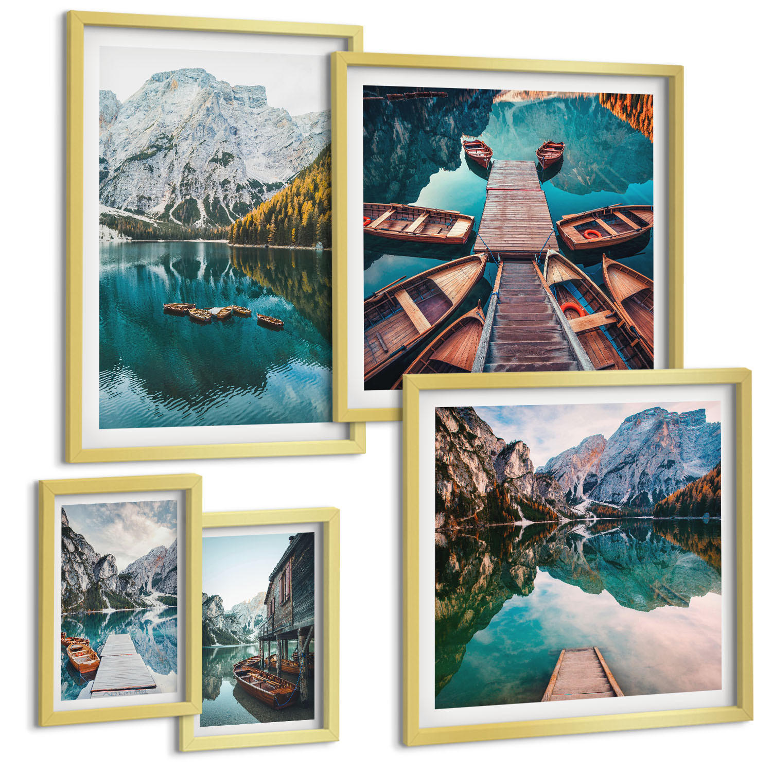 BILDER SET 5er Set - 50x50 cm & 20x30 cm & 40x60 cm Goldrahmen - Ansichten von Griechenland, Łódź, Häuser - Goldfarben, Kunststoff (40/60cm) - TULUP