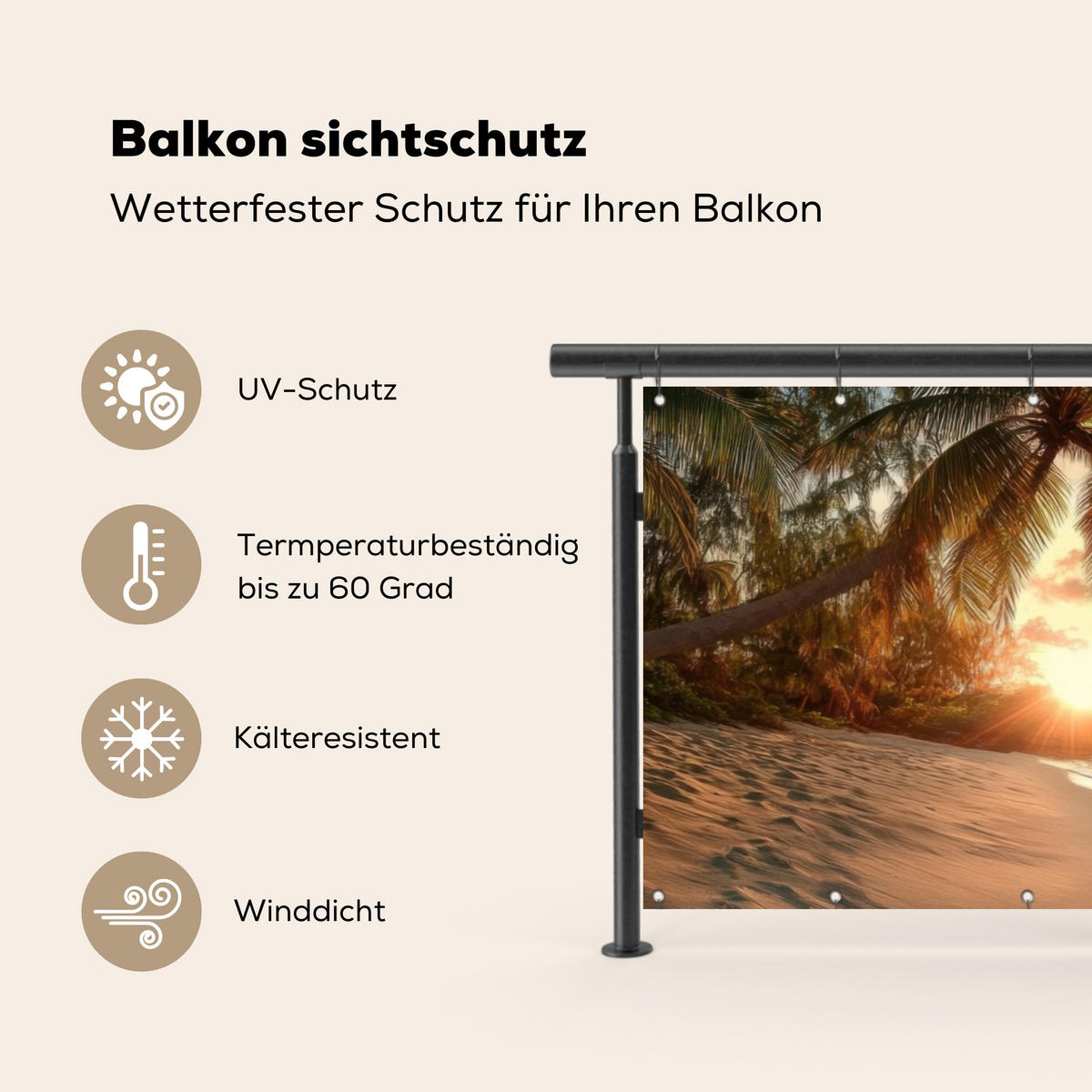 BALKON-SICHTSCHUTZ Strand - Palmen - Meer - Sonnenuntergang 300x100 cm - Samtahornfarben, Kunststoff (300/100cm) - MuchoWow