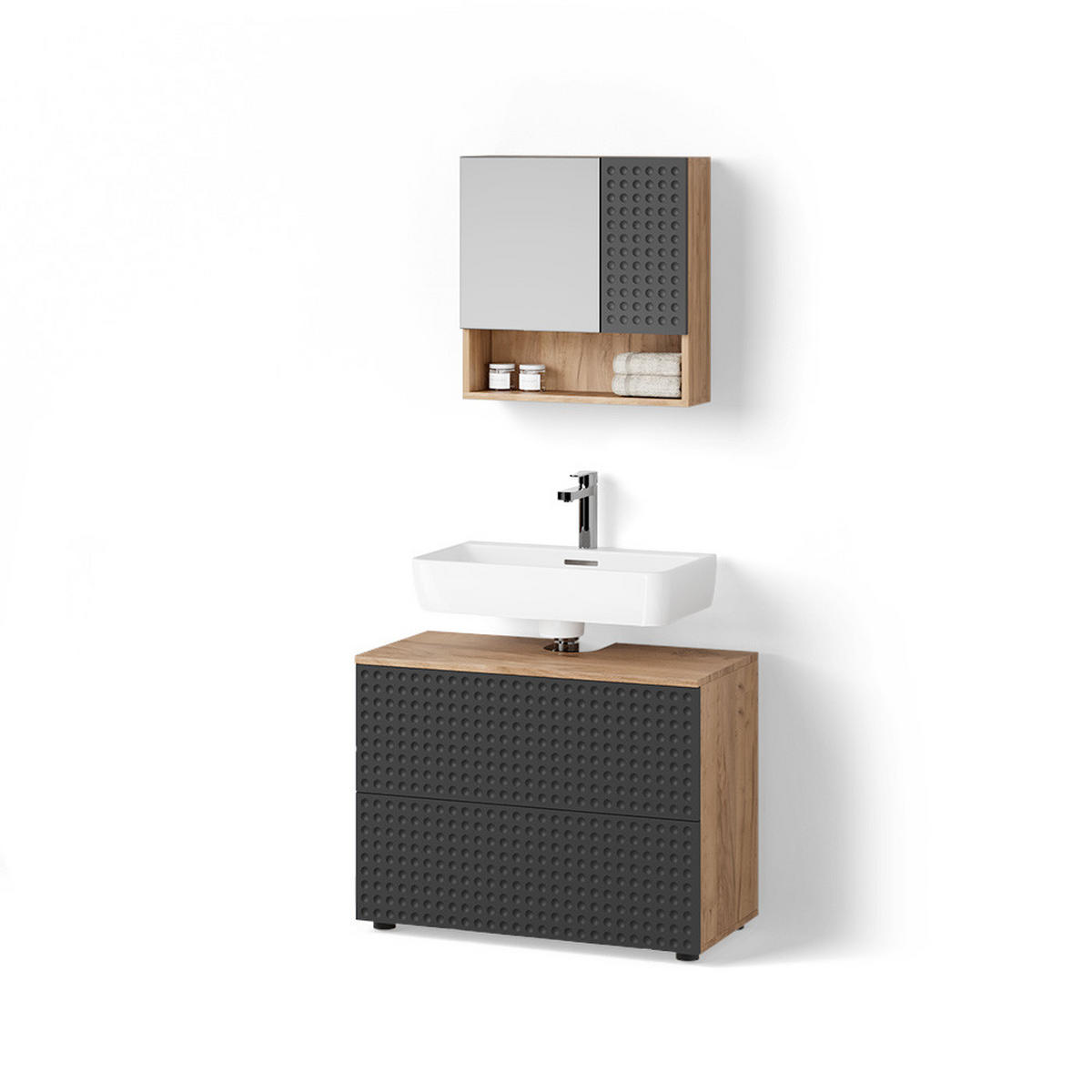 BADMÖBEL-SET Ronco Anthrazit gestreift 2 Teile - Eichefarben/Anthrazit, Holzwerkstoff (80/58/41cm) - Livinity®