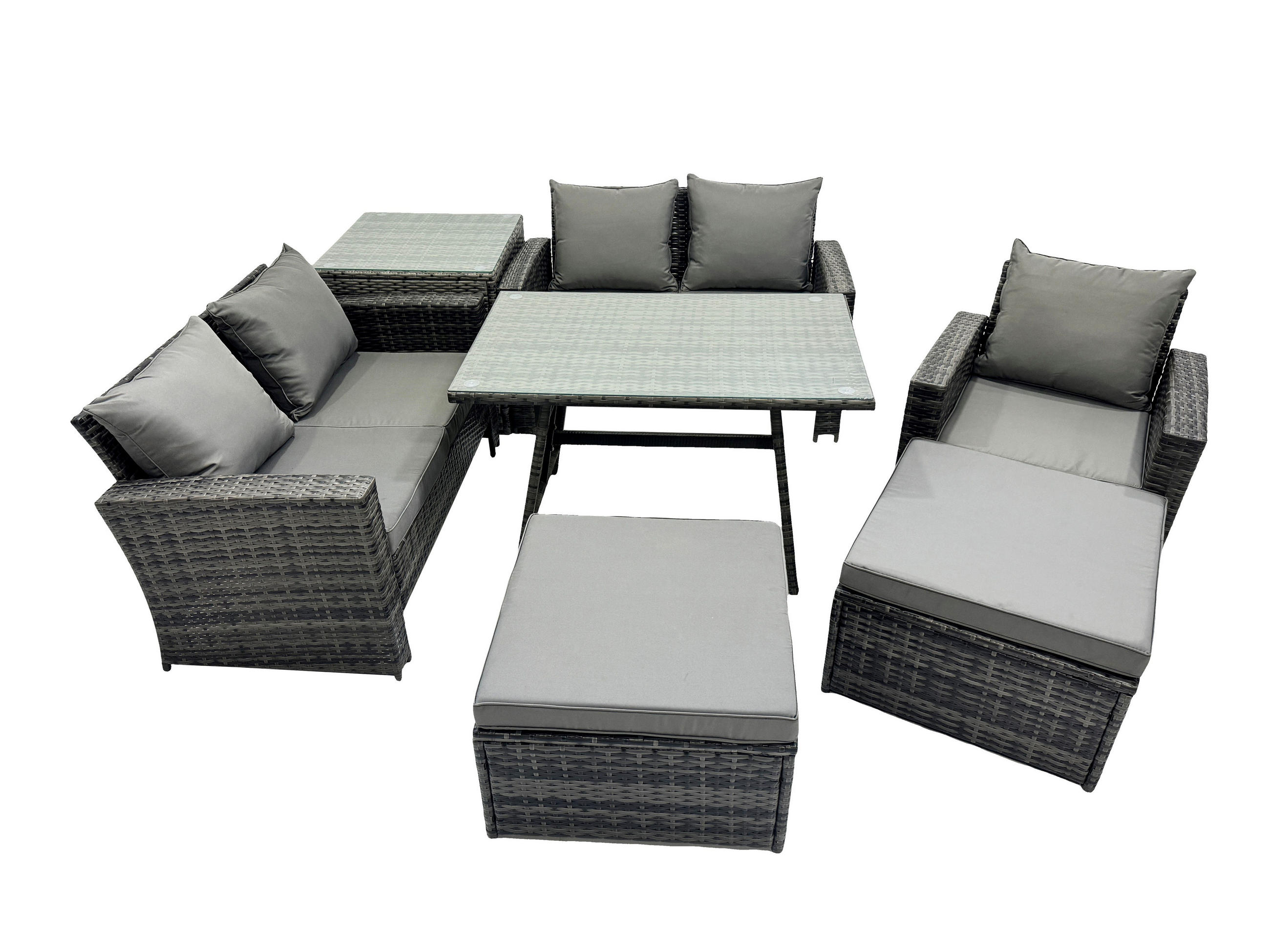 GARTENMÖBELSET mit ESSTISCH,HOCHLEHNER-SOFA Polyrattan Dunkelgrauer Mix 7-Sitzer - Dunkelgrau/Grau, Glas/Kunststoff - Fimous