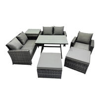 GARTENMÖBELSET mit ESSTISCH,HOCHLEHNER-SOFA Polyrattan Dunkelgrauer Mix 7-Sitzer - Dunkelgrau/Grau, Glas/Kunststoff - Fimous