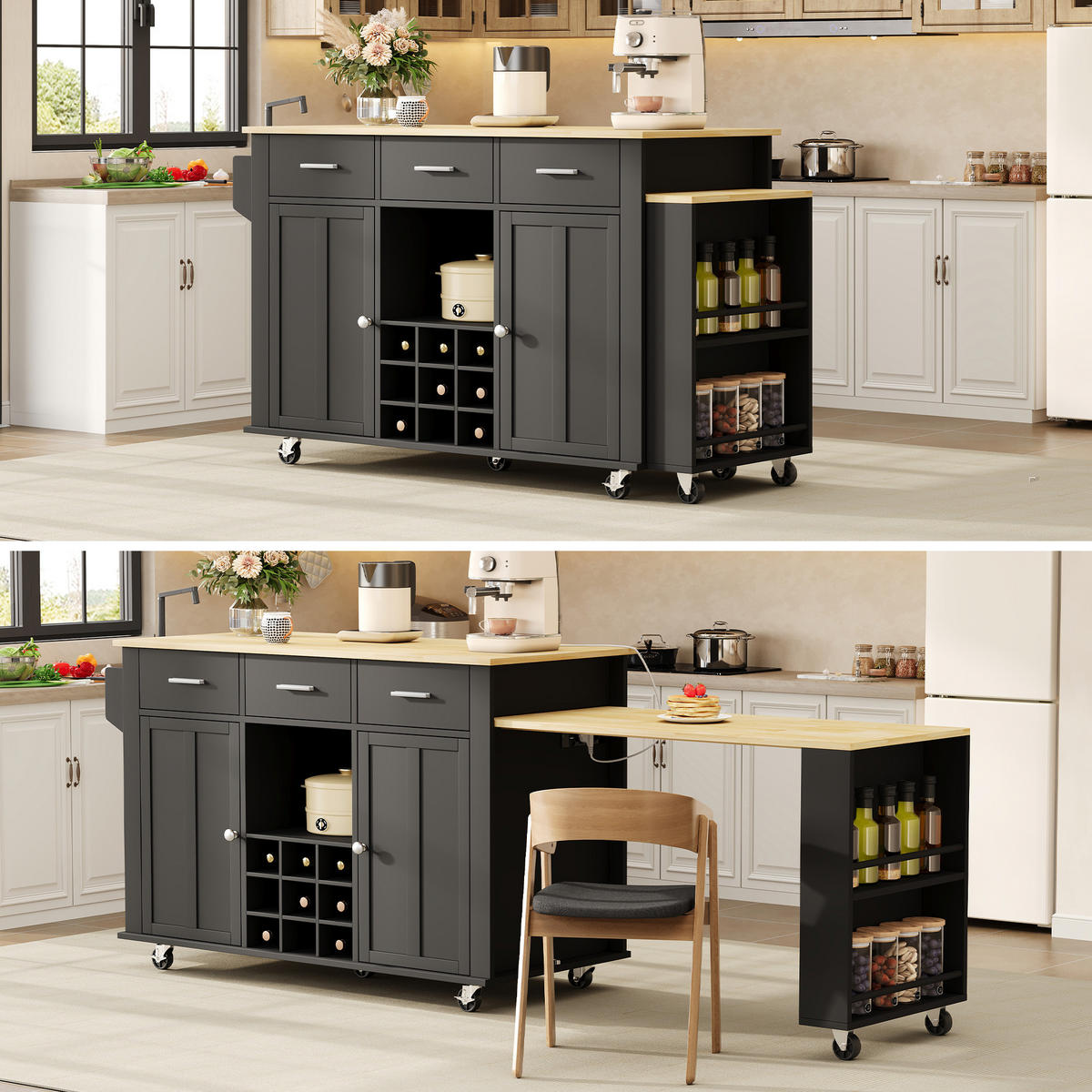 KÜCHENINSEL 93 cm MDF Schwarz Natur mit Ausziehbarer Arbeitsplatte und Weinregal - Schwarz, Holzwerkstoff (50/93/136cm) - Korfee