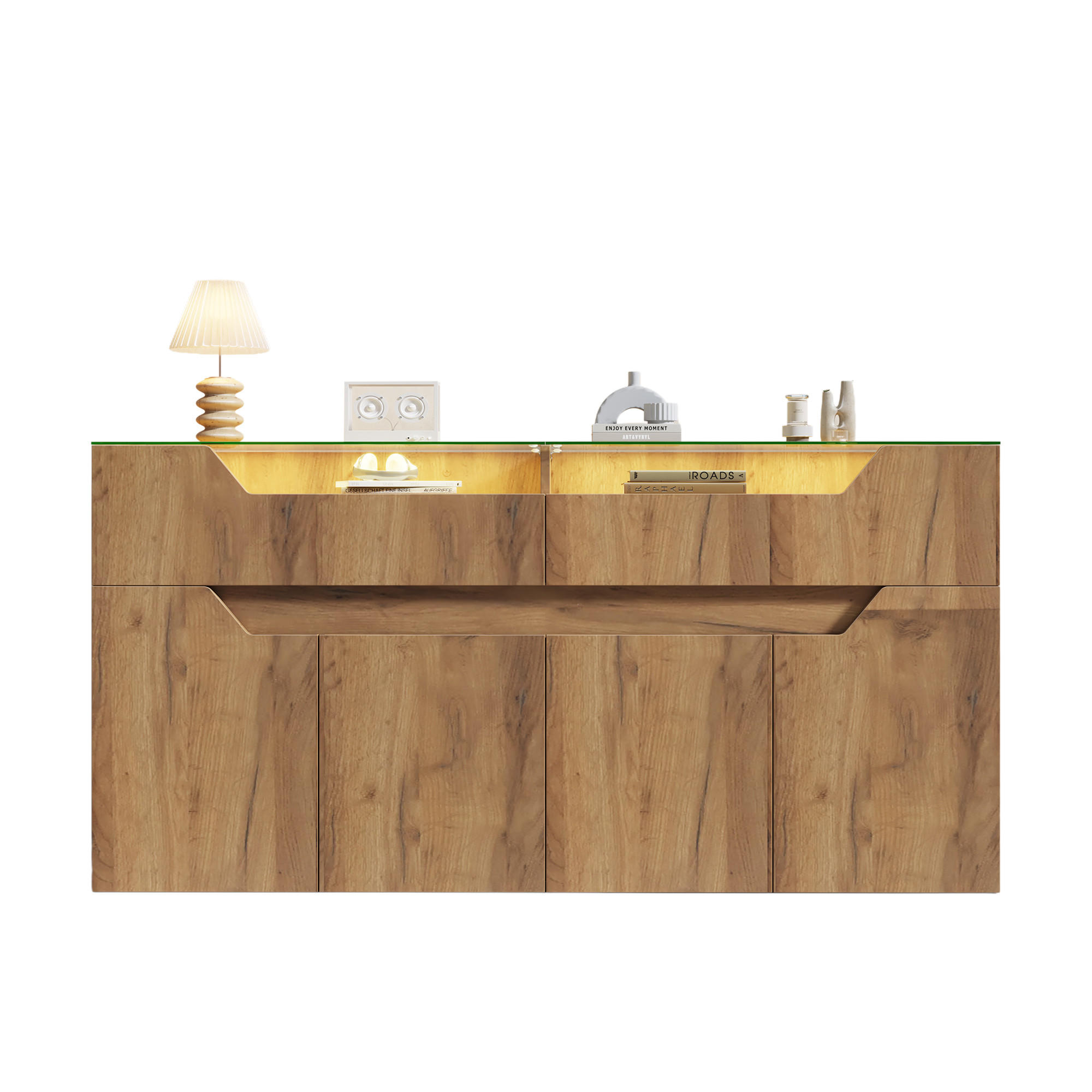 SIDEBOARD Holzoptik MDF 2 Schubladen Glasplatte 140cm Modern - Naturfarben, Holzwerkstoff (140/70/40cm) - FLIEKS
