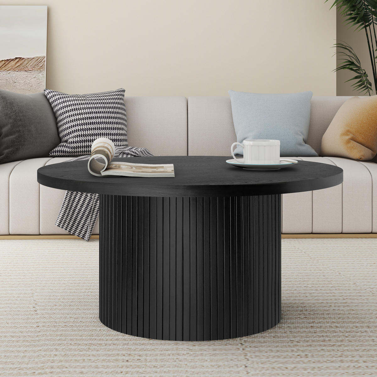 COUCHTISCH 90/45/40 cm Schwarz aus MDF und Massivholz mit vertikalen Streifen - Schwarz, Holz (90/90/45cm) - OKWISH