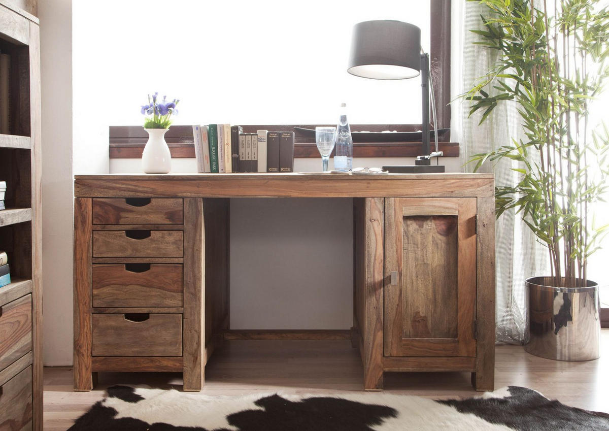 SCHREIBTISCH Sheesham 150x75x78 grau geölt NATURE GREY #70 - Grau, Holz (75/150/78cm) - Massivmoebel24