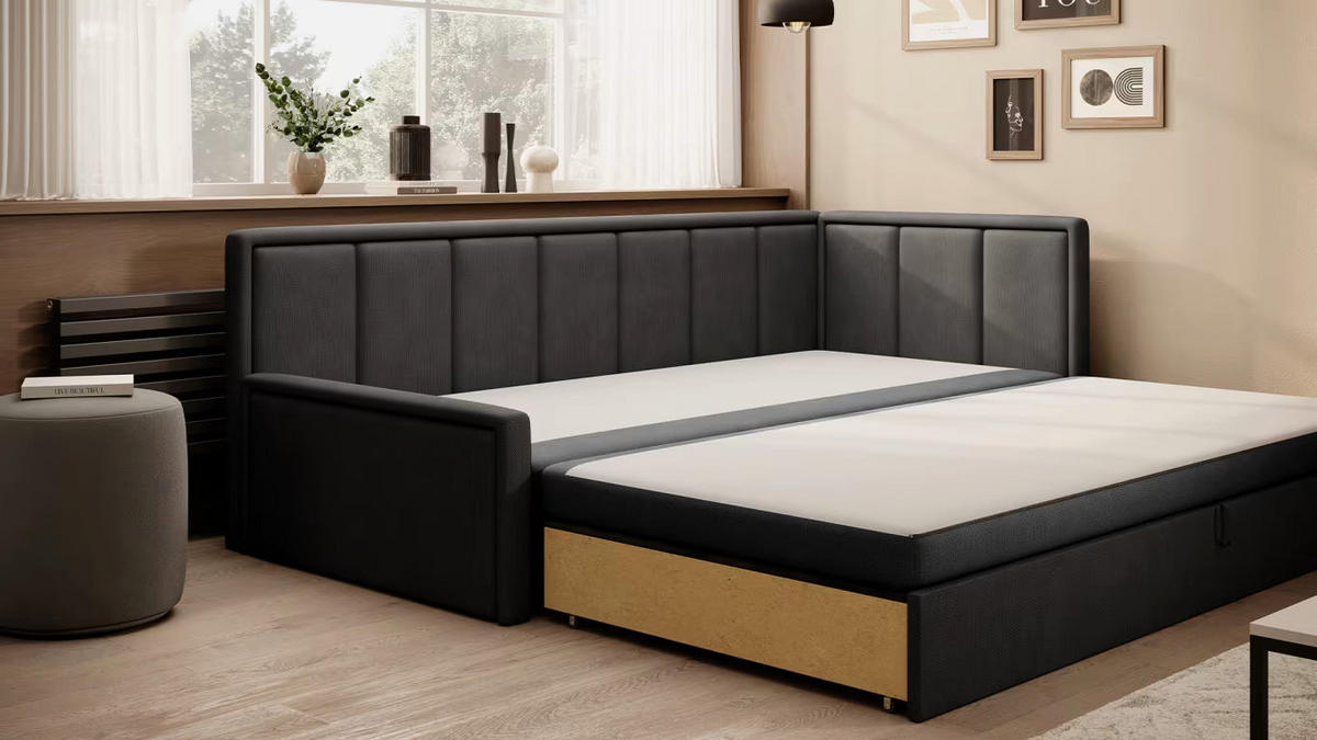 SCHLAFSOFA FULGEO mit Schlaffunktion & Bettkasten – Modernes 3-Sitzer Sofa, Liegefläche 200 x 150 cm - Grau, Kunststoff (214/82/77cm) - Wohnideebilder