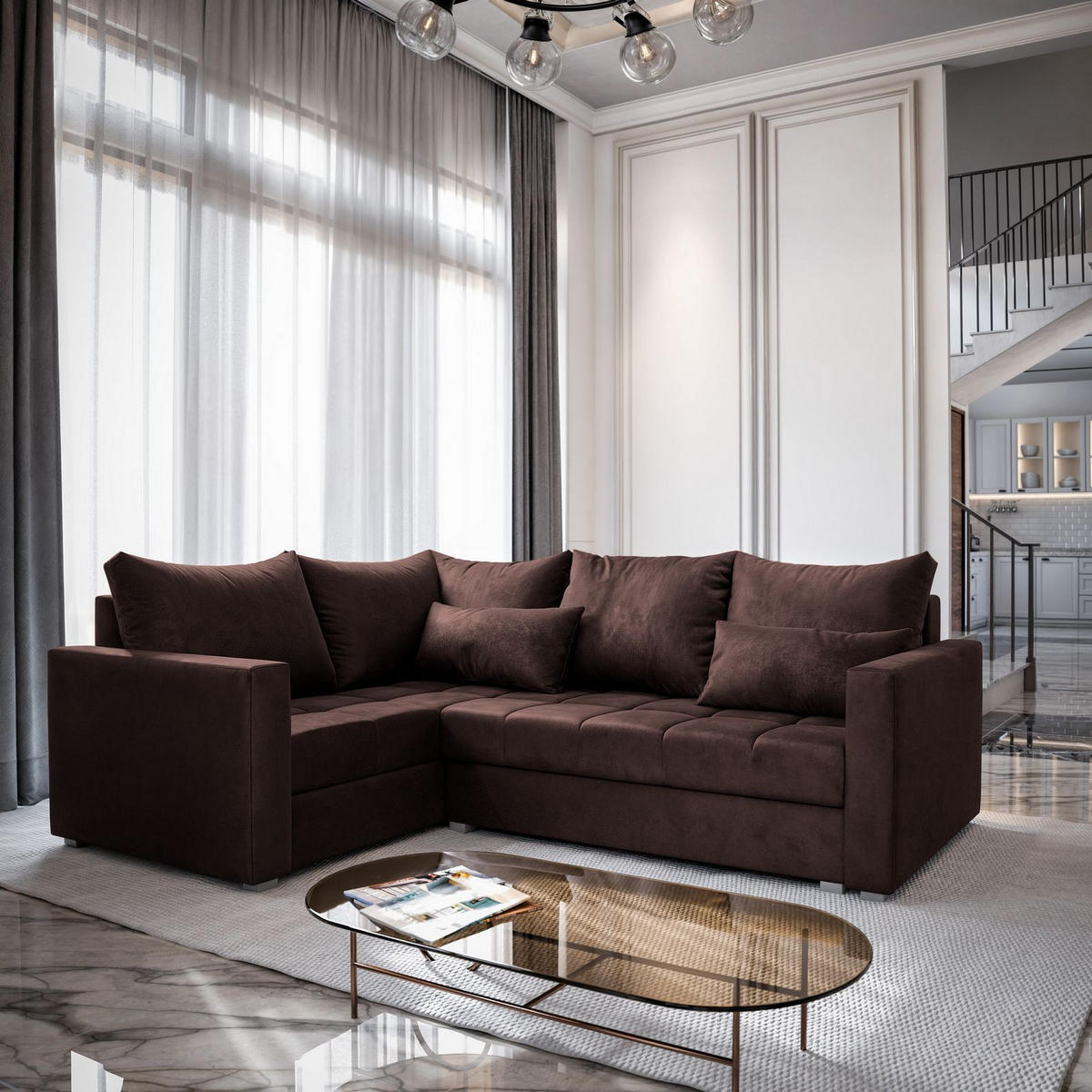 ECKSOFA LIRENO L-S Braun Plüsch-Stoff mit Schlaffunktion - Braun, Holz (220/153cm) - MASSENO