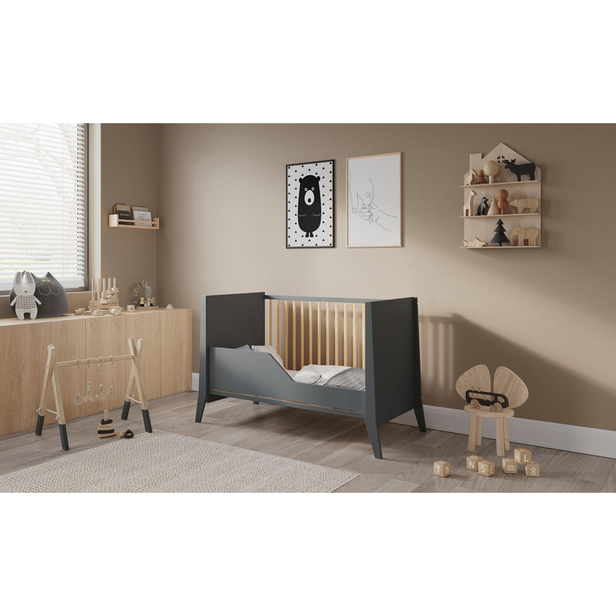 BABYBETT Zoe, Mitwachsendes, Anthrazit - Anthrazit, Holz (60/120cm) - Premiers Moments