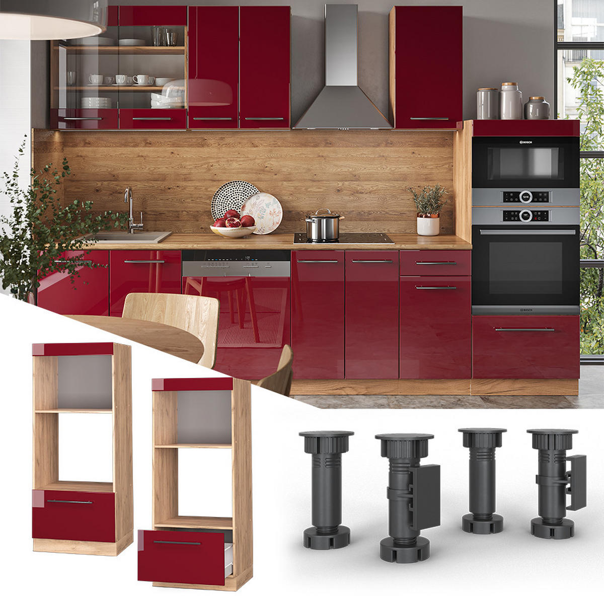 MIKROWELLENSCHRANK Fame-Line Bordeaux Hochglanz 60 cm offen - Honigeiche/Bordeaux, Holzwerkstoff (60/153.6/58.1cm) - Vicco