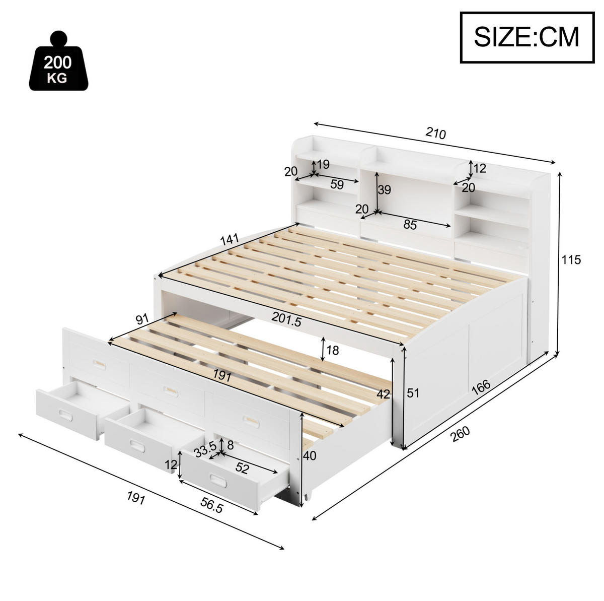 TAGESBETT 140/200 cm aus werkstoff mit LED-Beleuchtung, USB-/Type-C-Anschluss, Ausziehbett und 3 Schubladen, Weiß - Weiß, Holzwerkstoff (140/200cm) - Redom