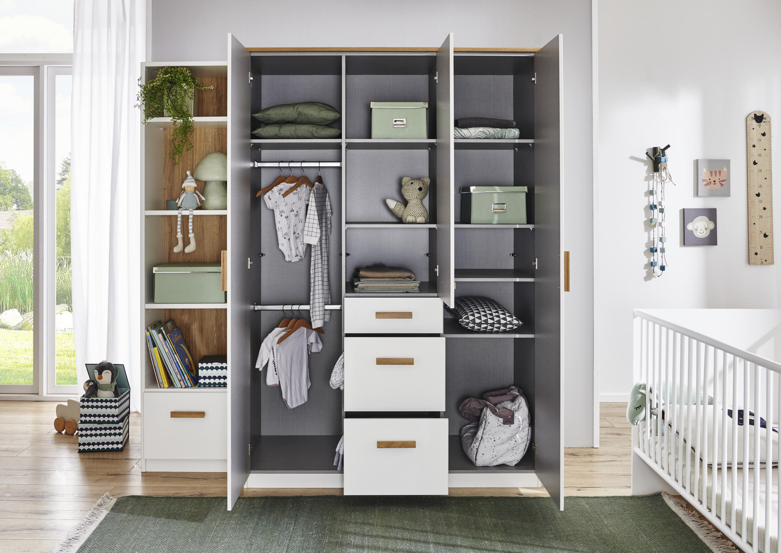 BABYZIMMER Gotland in Weiß, Plankeneiche und Hirnholz 7 teilig - Weiß, Holzwerkstoff (120/200/80cm)