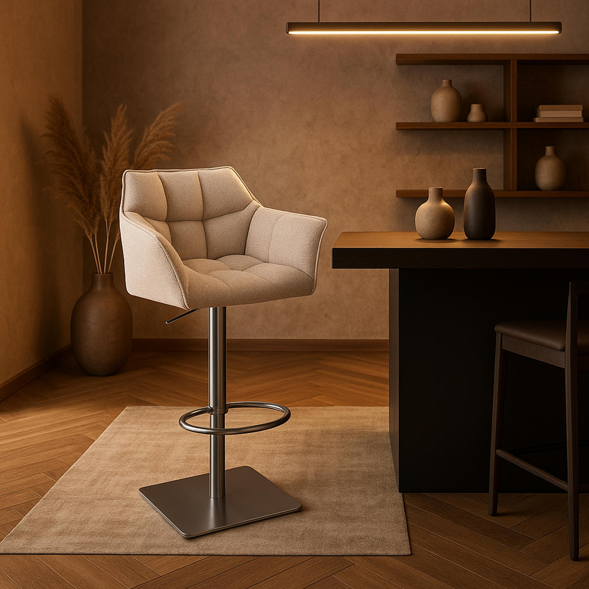 BARHOCKER 2er Set Damaskus Stoff edelstahl elfenbein - Edelstahlfarben/Naturfarben, Textil/Metall (64/110/48cm) - TPFLiving