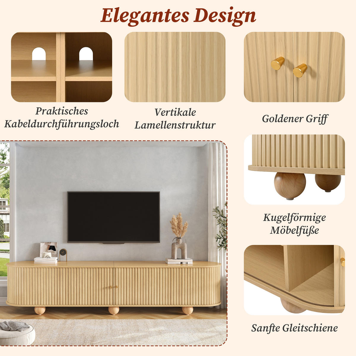 TV-LOWBOARD Rund Rillenoptik Schiebetüren Retro Kugelfüße - Naturfarben, Holzwerkstoff (180/45/35cm) - FLIEKS