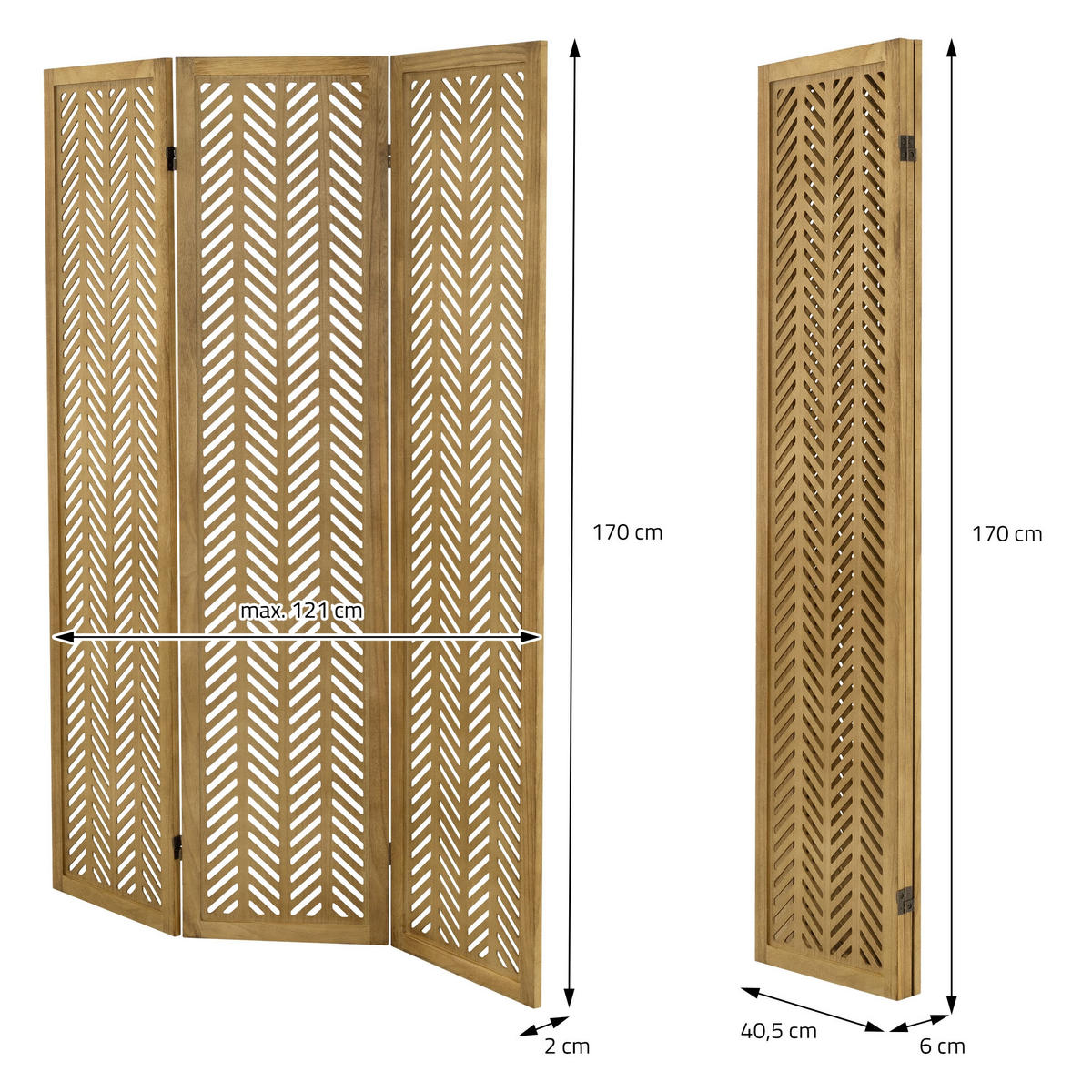 PARAVENT 3dílný Kobe 170 x 121 cm, přírodní, ze dřeva - hnědá, dřevo (121/170/2cm) - ML-DESIGN
