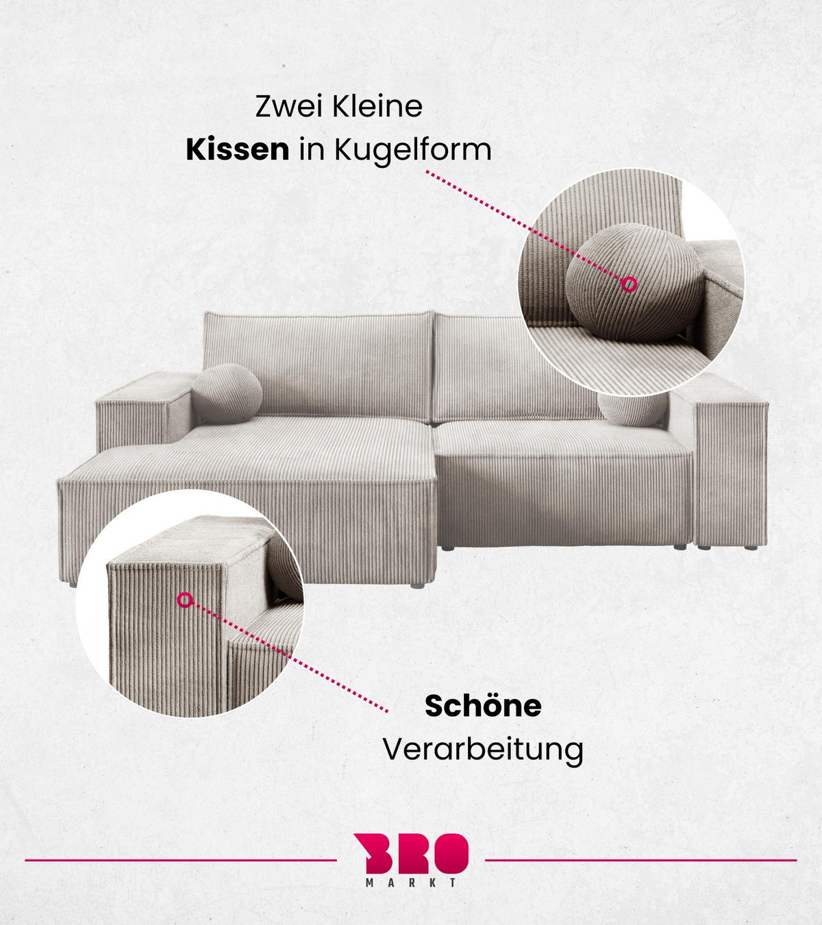 ECKSOFA Pablo Mini mit Schlaffunktion Beige Cord - Beige, Textil (255/148cm) - Bromarkt