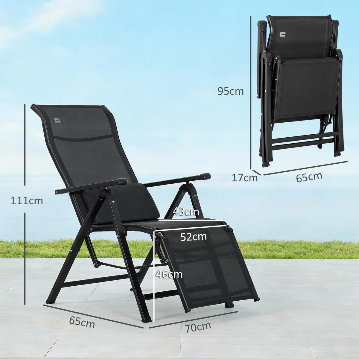 SONNENLIEGE DE-13534 9-fach verstellbar mit Lordosenkissen Schwarz - Schwarz, Metall (65/111/70cm) - ComfortXL