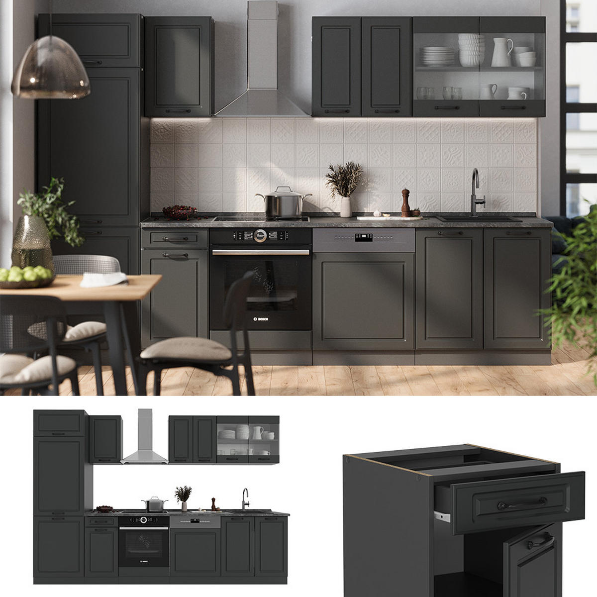 KUCHYŇSKÝ KOUT R-Line Antracitový venkovský dům/antracit - antracitová, kompozitní dřevo (300/81.6/60cm) - Vicco