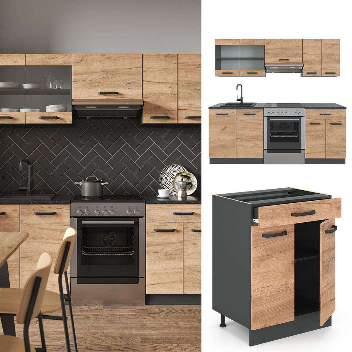 KÜCHENZEILE R-Line Goldkraft Eiche/Anthrazit 200 cm, AP Marmor - Honigeiche/Anthrazit, Holzwerkstoff (200/81.6/60cm) - Vicco