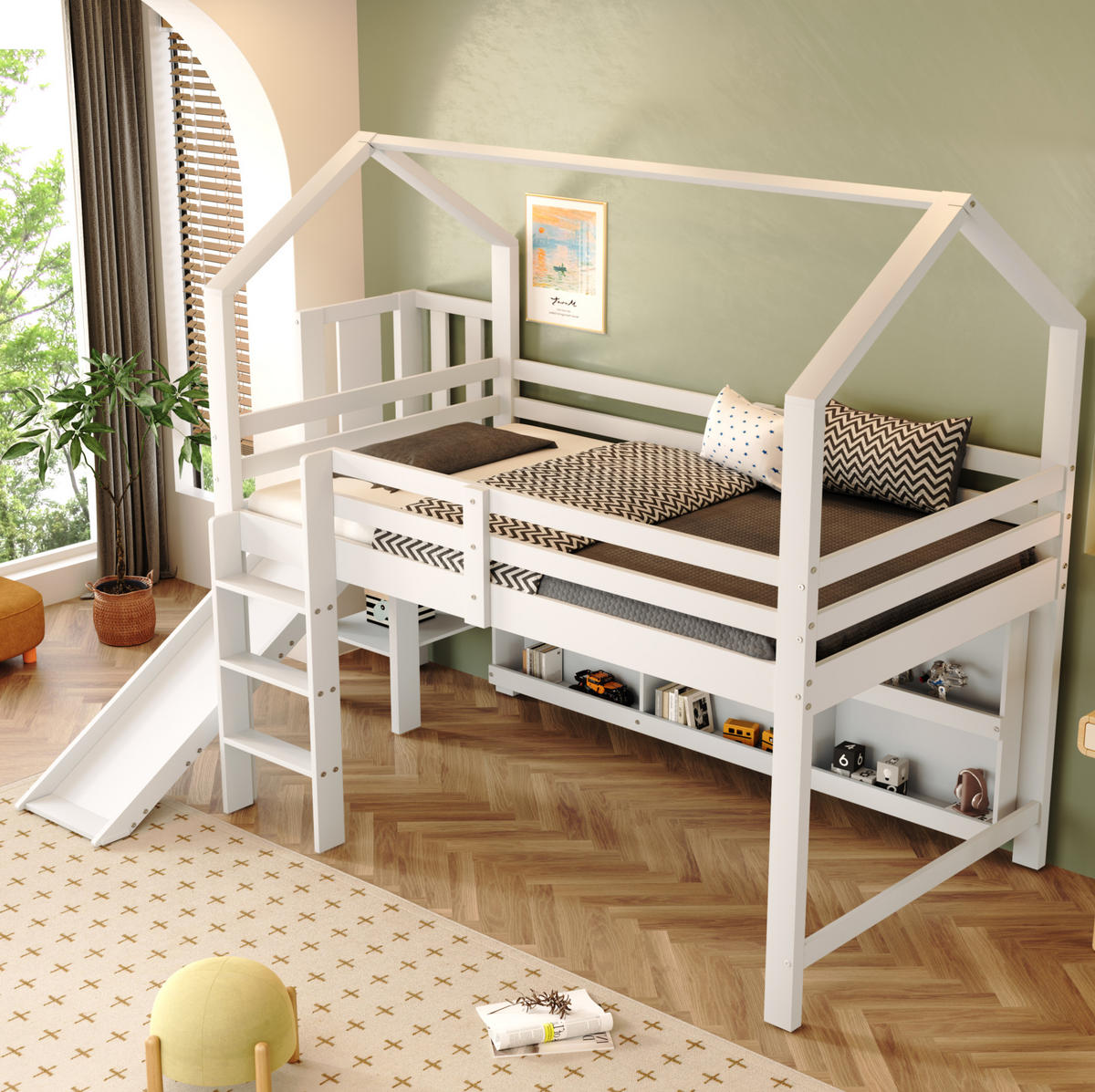 KINDEREINZELBETTEN aus Massivholz und MDF 90x200 cm in Weiß mit Rutsche & Stauraum - Weiß, Holzwerkstoff (90/200cm) - Modfu