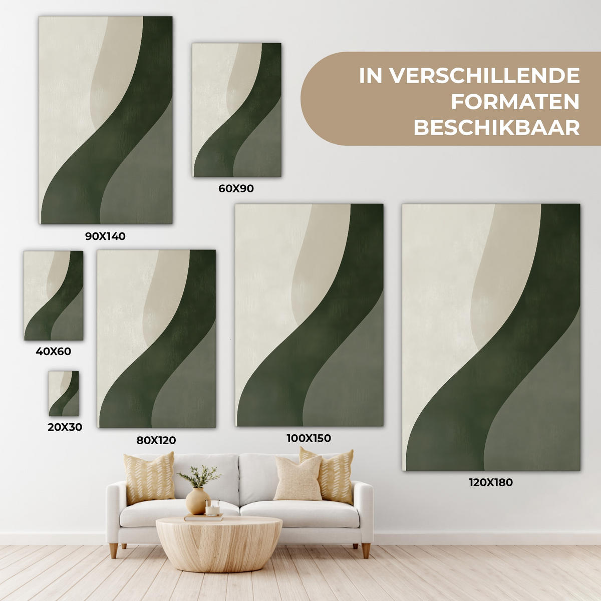 LEINWANDBILD Japandi - Grün - Abstrakt - Modern Wanddeko 40x60 cm - Salbeigrün, Textil (40/60cm) - MuchoWow