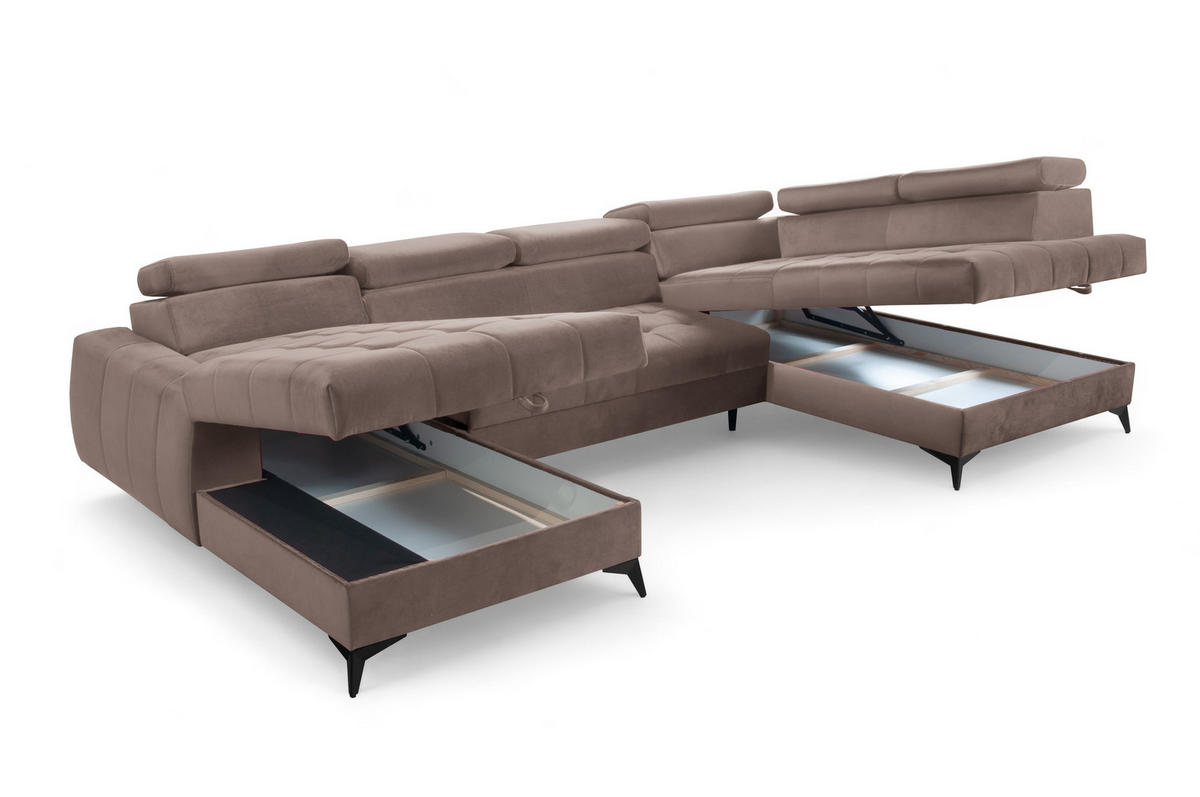 WOHNLANDSCHAFT Arkucio U Braun 345/200/95 cm – großes Sofa mit Schlaffunktion L - Schwarz/Braun, Textil/Metall (200/95/345cm) - AX Living