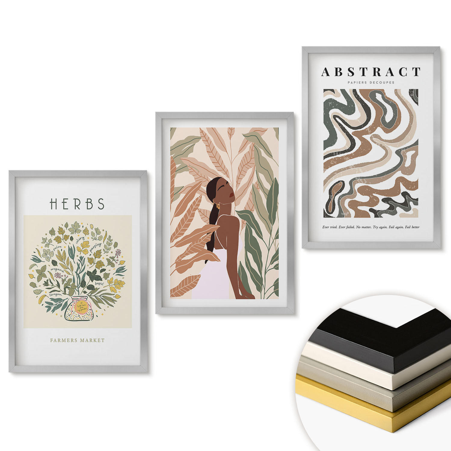 WANDBILDER 3er Set - 40x60 cm Silberner Rahmen - Boho-Pastell-Minimalisten-Poster - Silberfarben, Kunststoff (40/60cm) - ArtPrintCave