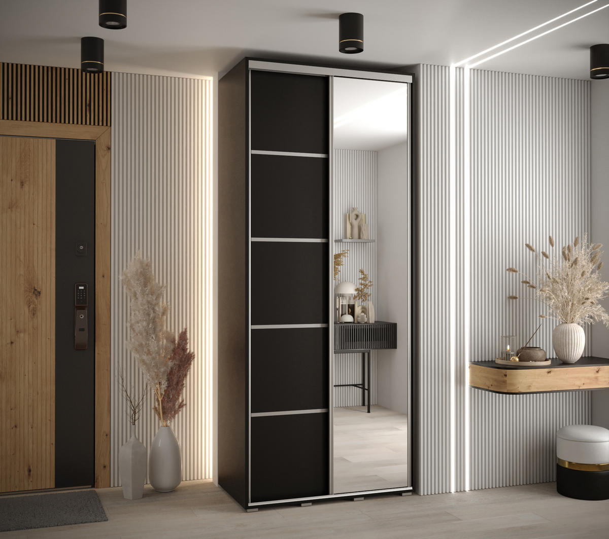 SCHWEBETÜRENSCHRANK 235,2/110/60 2-türig - Silberfarben/Schwarz, Holz/Metall (110/235/60cm) - Abiks Möbel