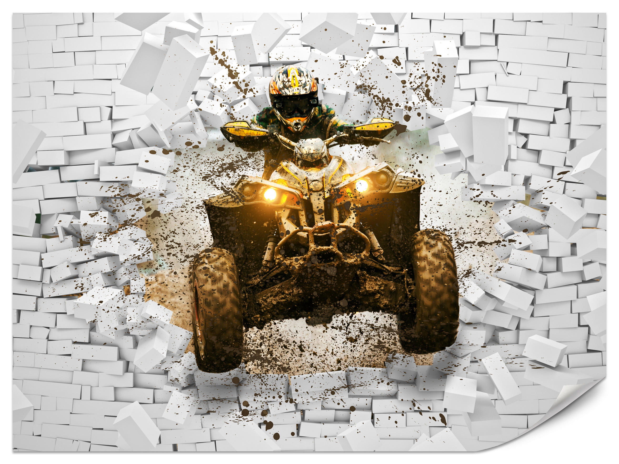 FOTOTAPETE für Büro Schlammbedecktes Quad Durchbricht Backsteinmauer 150x105 - Gelb/Beige, Papier (150/105cm) - Muralo