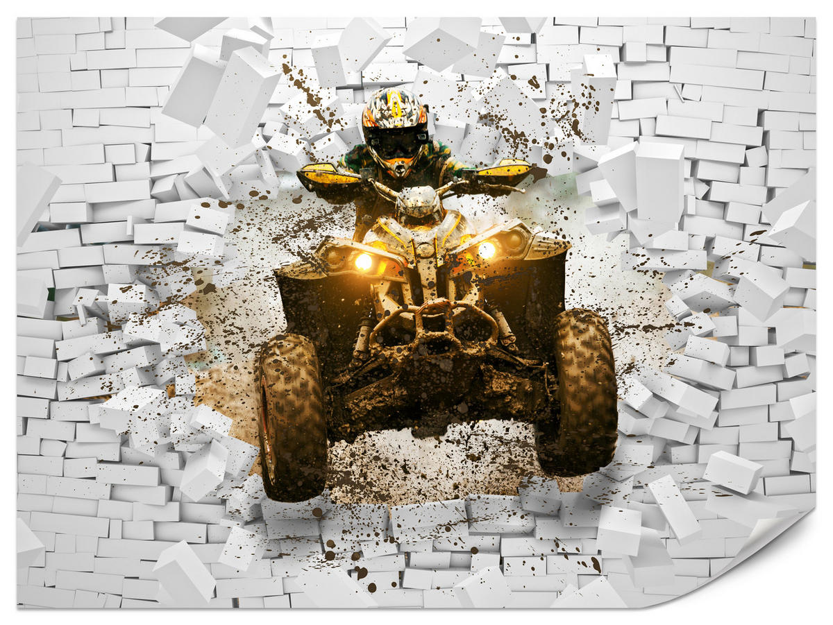 FOTOTAPETE für Büro Schlammbedecktes Quad Durchbricht Backsteinmauer 150x105 - Gelb/Beige, Papier (150/105cm) - Muralo