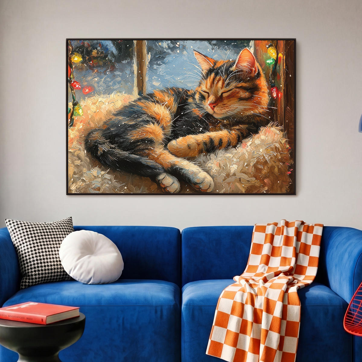LEINWAND Bilder mit Rahmen - Katze - Weihnachten - Winter - Tier - 90x60 - Bernsteinfarben, Textil (90/60cm) - MuchoWow