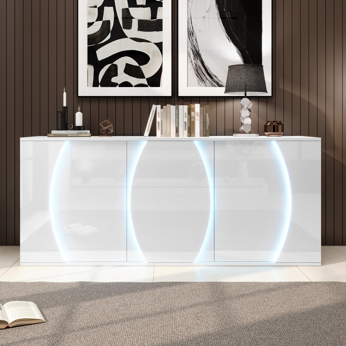 SIDEBOARD aus Spanplatte 150x40x70 cm Weiß mit LED-Beleuchtung und 3 Türen - Weiß, Holzwerkstoff (150/70/40cm) - IVMEU