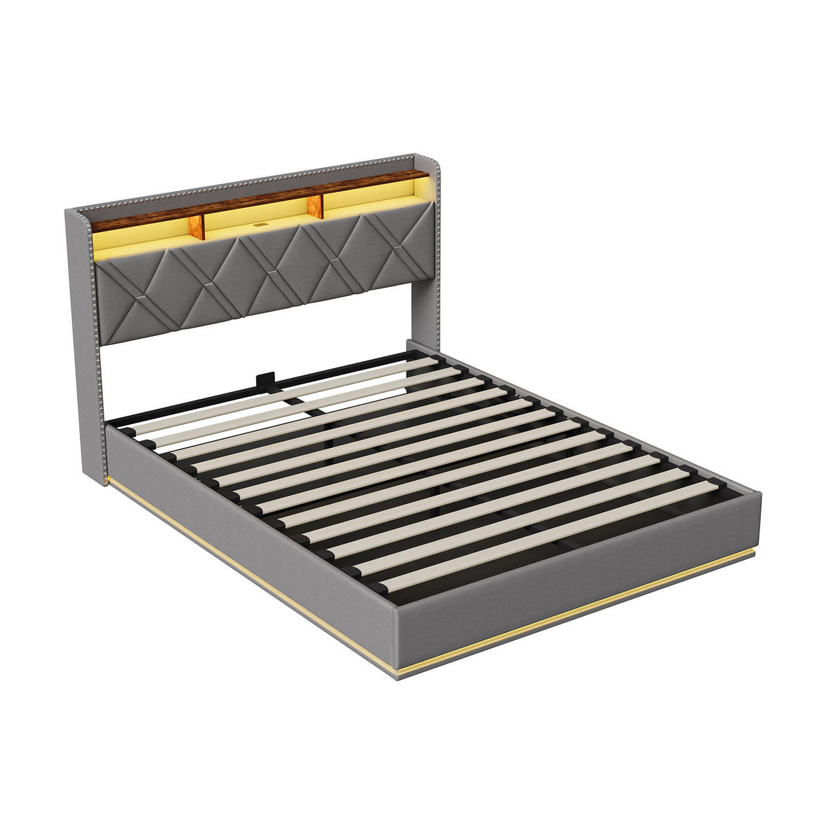 POLSTERBETT 160/200 cm Grau mit hydraulischem Stauraum, LED mit Ablage und USB - Grau, Metall (160/200cm) - EuroLiving