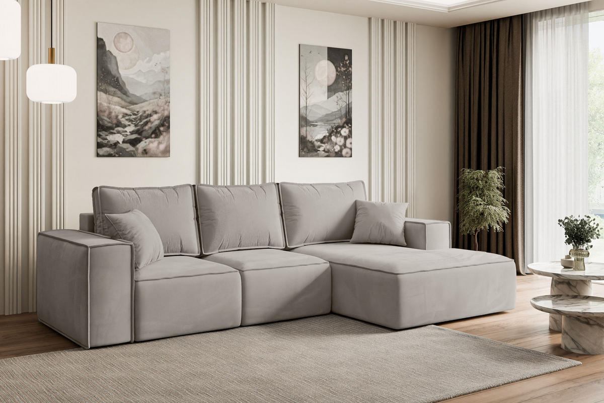 ECKSOFA mit Schlaffunktion und Bettkasten SERRA-L-S - 266x161x87 cm Hellbraun Velours - Hellbraun/Schwarz, Holzwerkstoff/Kunststoff (266/161cm) - ALTDECOR